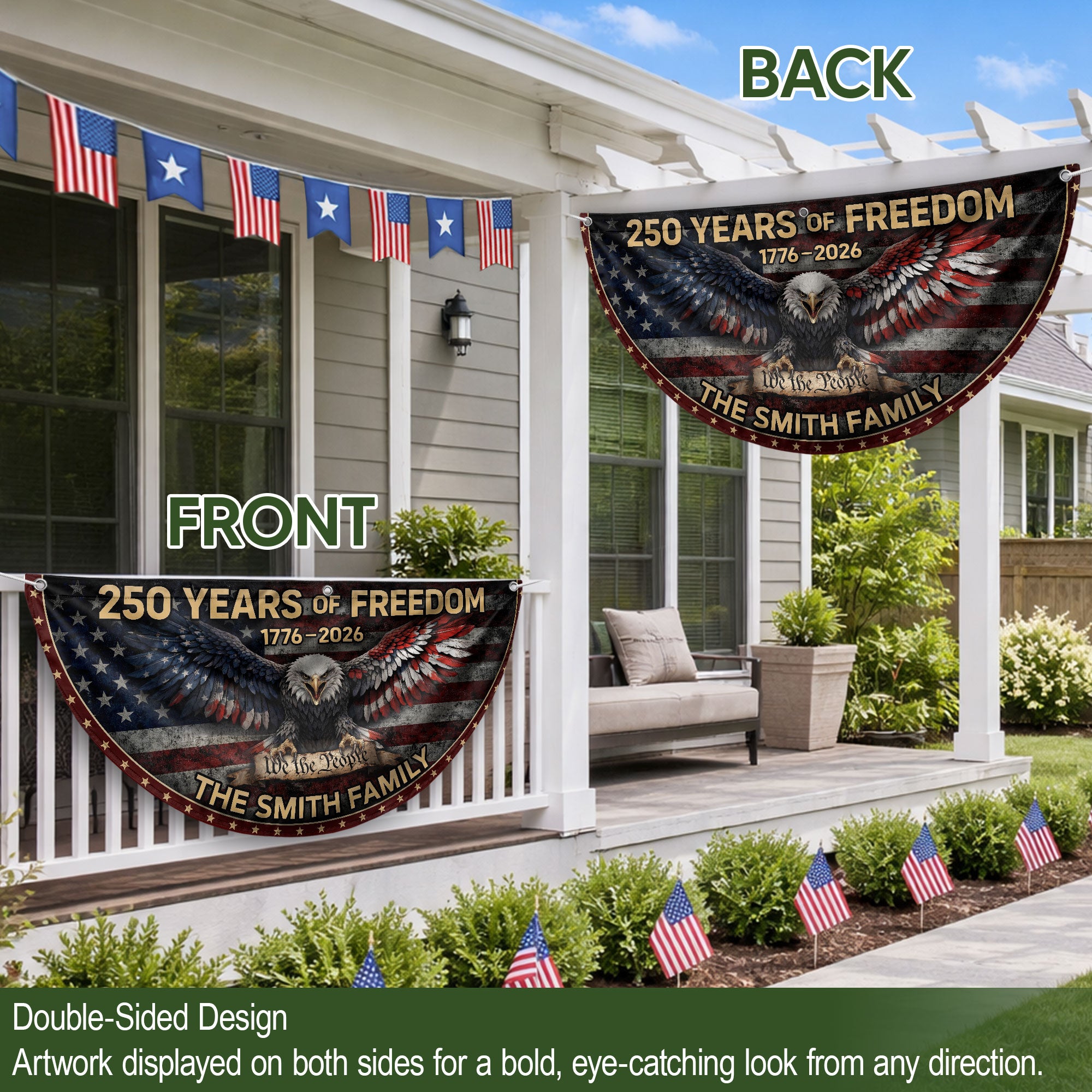 American Bald Eagle Fence Flag Custom Family Name 250 Years Freedom 1776-2026 Patriotic Yard Decor