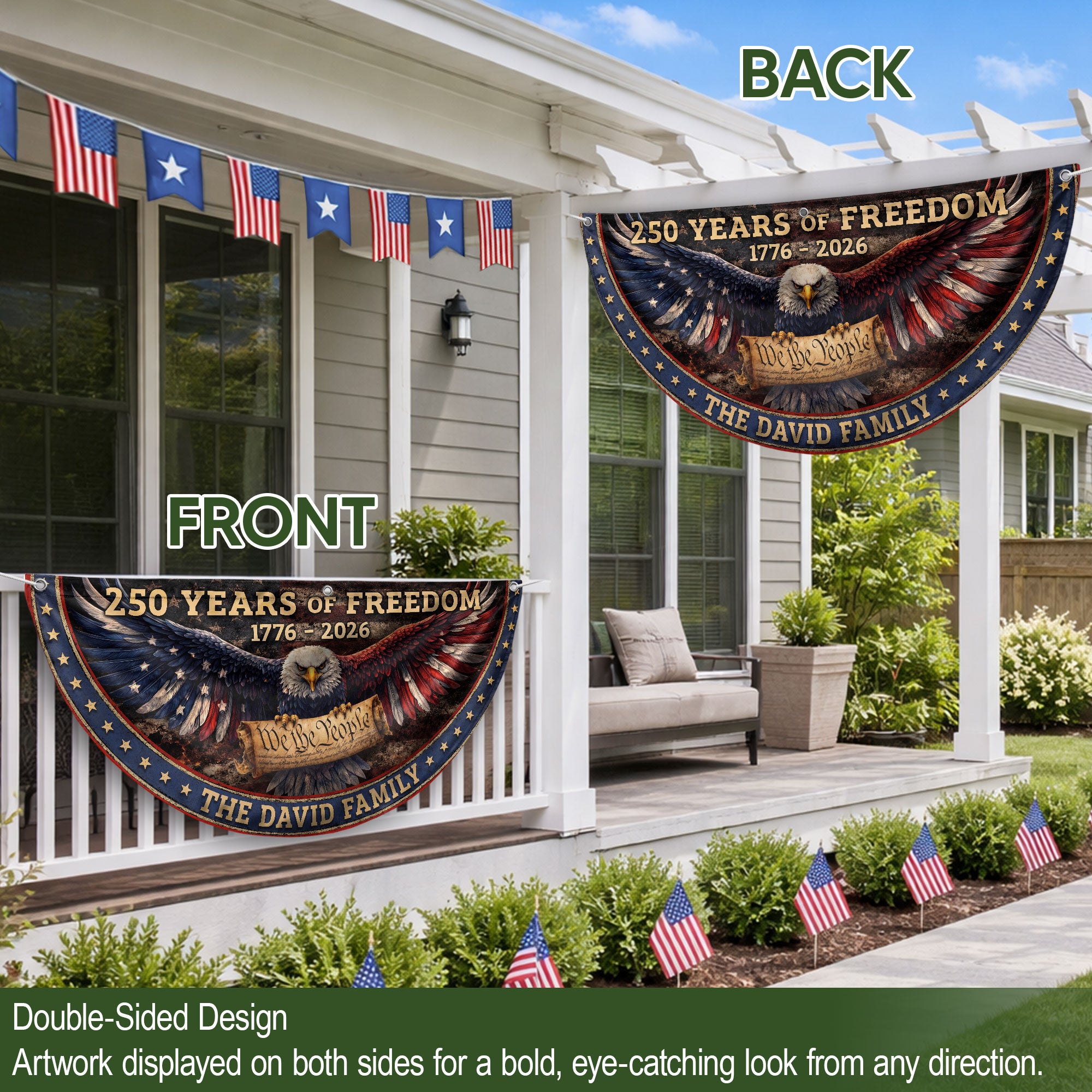 We The People Eagle Fence Flag Personalized Family Name 250 Years of Freedom 1776-2026 Patriotic Decor