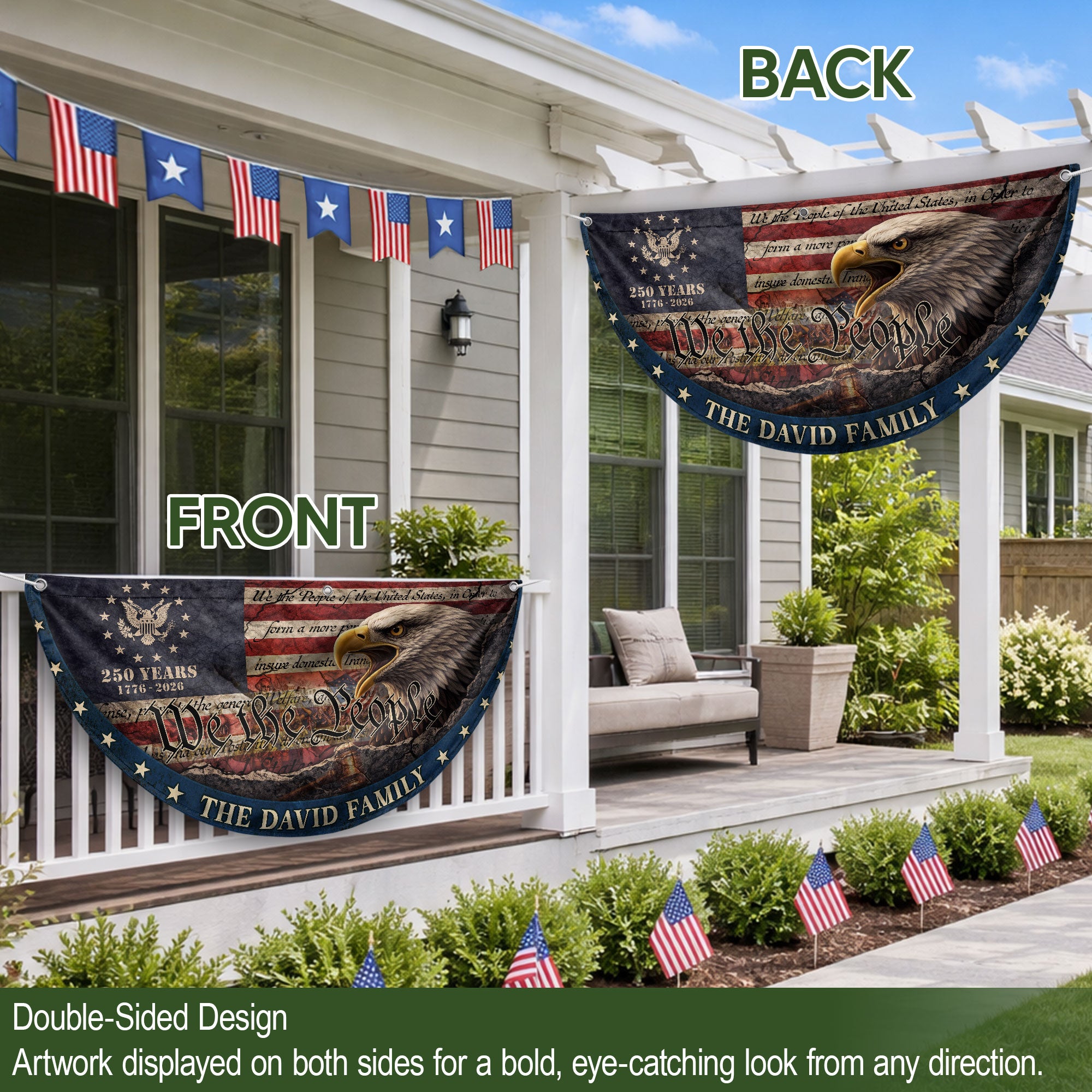 We The People Eagle Head Fence Flag Custom Family Name 250 Years Freedom 1776-2026 Patriotic Yard Decor