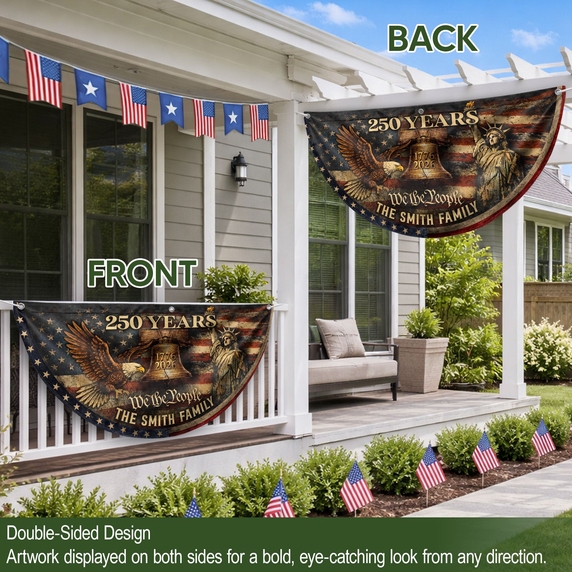 Liberty Bell Eagle Fence Flag Custom Family Name 250 Years Freedom 1776-2026 Patriotic Yard Decor