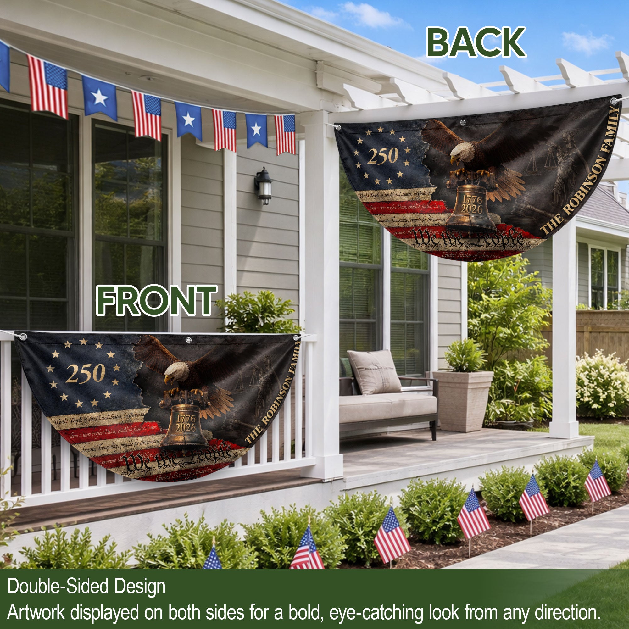 Distressed Eagle Liberty Bell Fence Flag Custom Family Name 250 Years Freedom 1776-2026 Patriotic Decor