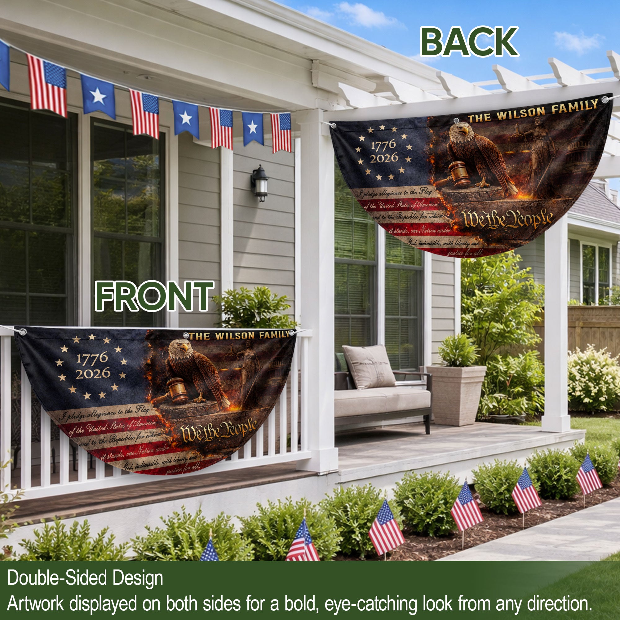 Justice Eagle Gavel Fence Flag Custom Family Name 250 Years Freedom 1776-2026 Patriotic Yard Decor