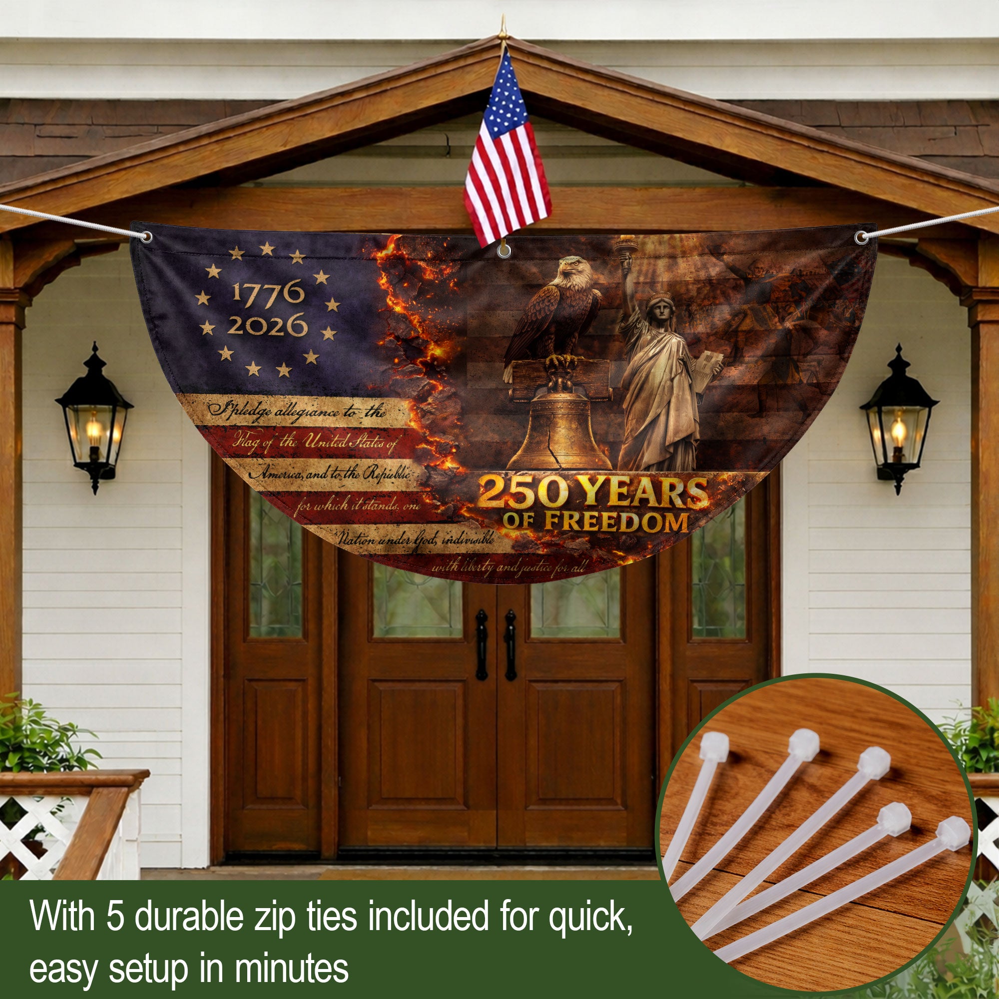 250 Years of Freedom Fence Flag 1776 to 2026 Patriotic Eagle Liberty Bell Statue Outdoor Yard Decor