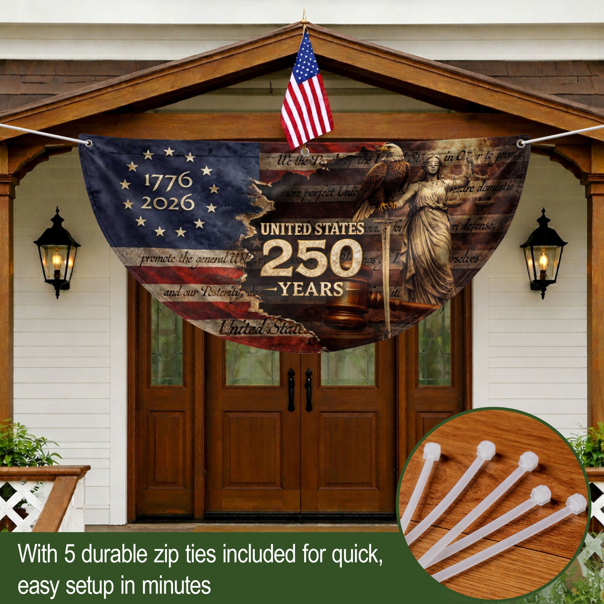 America 250 Years Fence Flag 1776 to 2026 Patriotic Eagle Lady Justice Outdoor Yard Decor