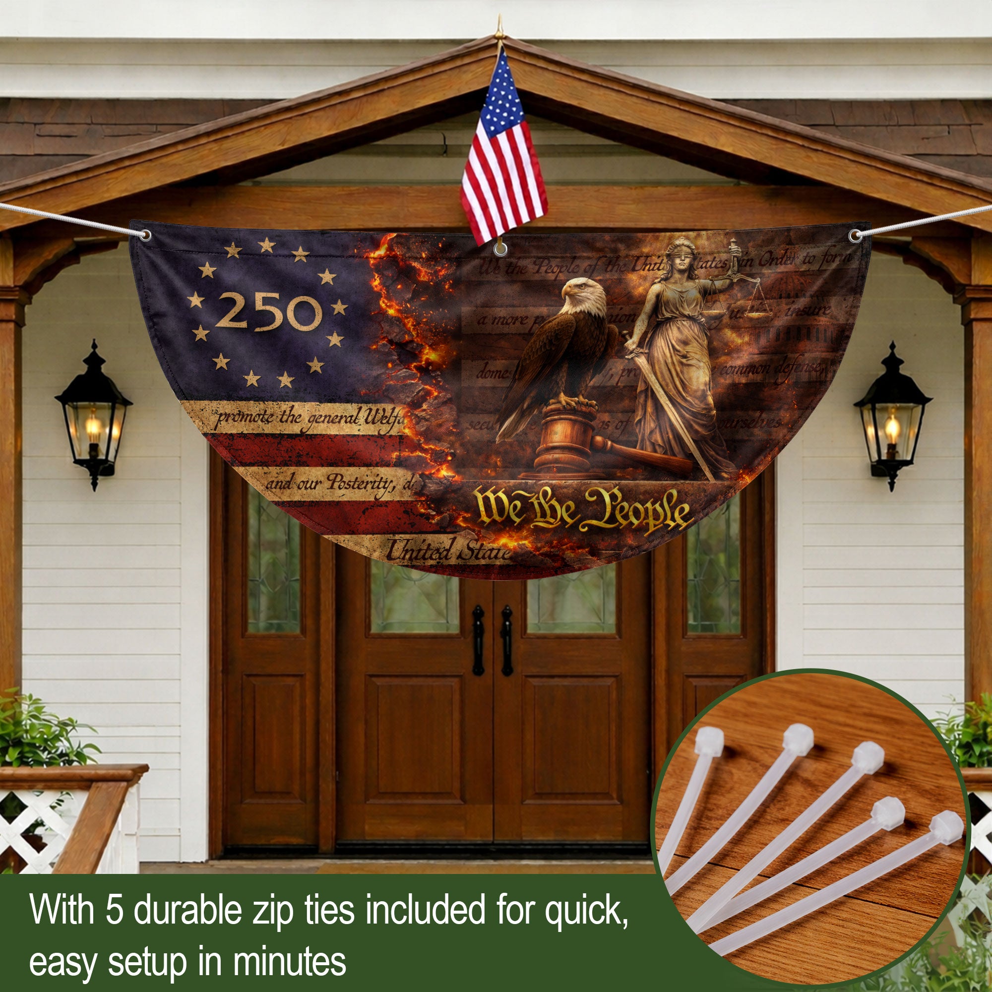 We The People 250 Fence Flag Patriotic Eagle Lady Justice 1776 to 2026 Outdoor Yard Decor