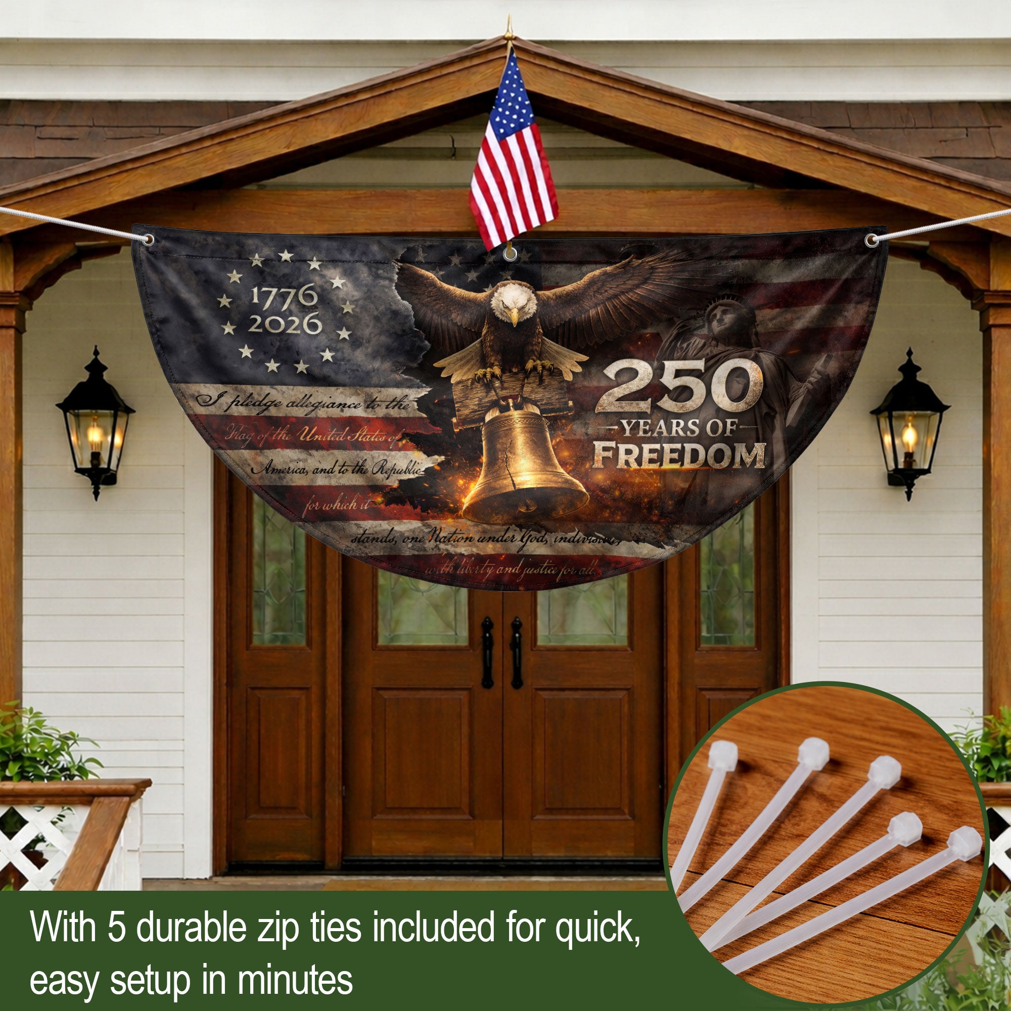 American 250 Year Fence Flag 1776 to 2026 Freedom Eagle Bell Patriotic Outdoor Decor