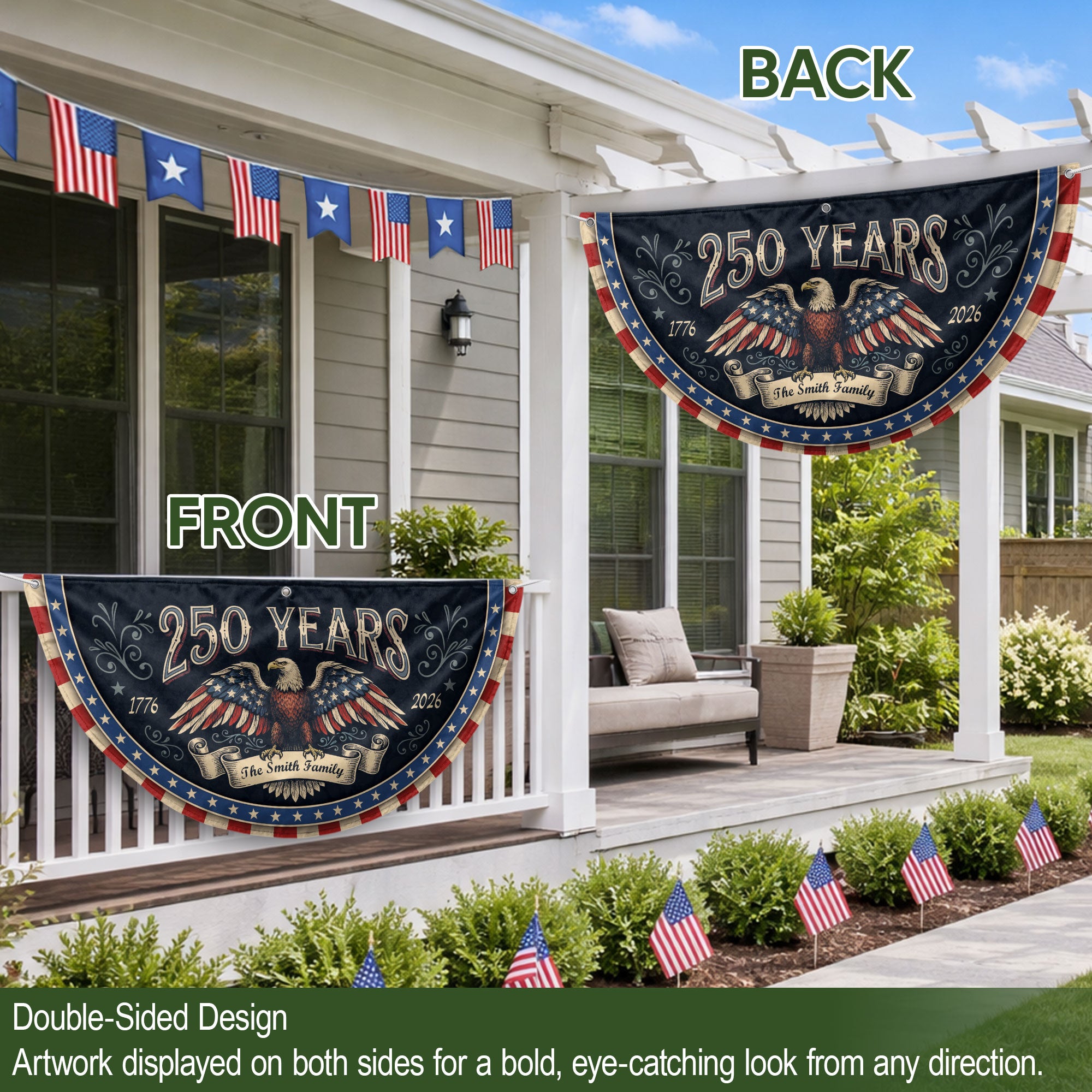 250 Years 1776-2026 Patriotic Fence Flag - Custom Family Name Eagle Outdoor Banner