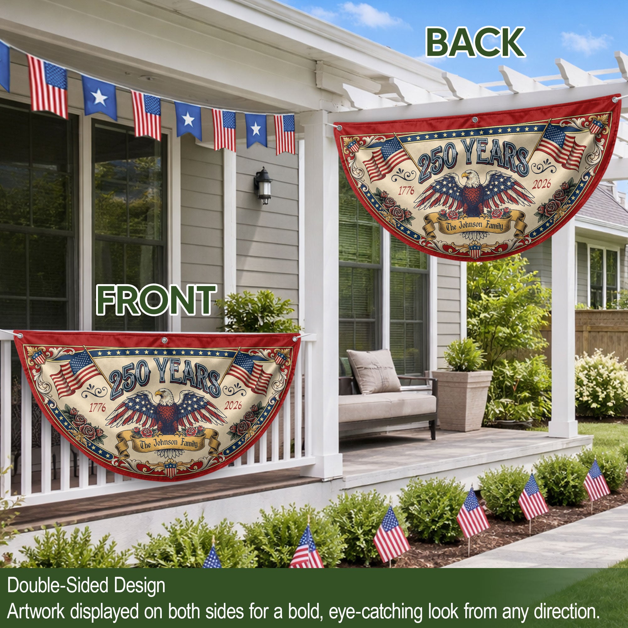 250 Years 1776-2026 American Anniversary Fence Flag - Custom Family Name Patriot Bunting