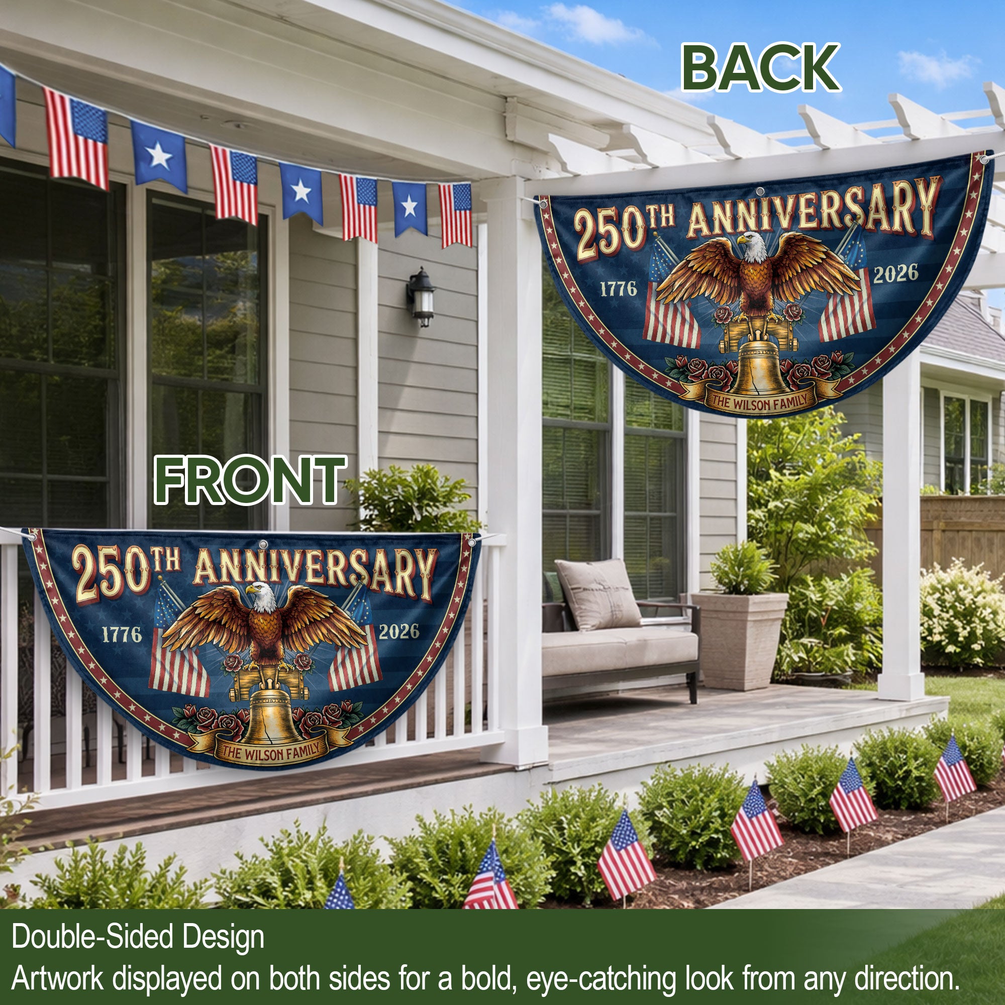 250th Anniversary 1776-2026 Liberty Bell Custom Family Name Patriot Fence Flag Banner