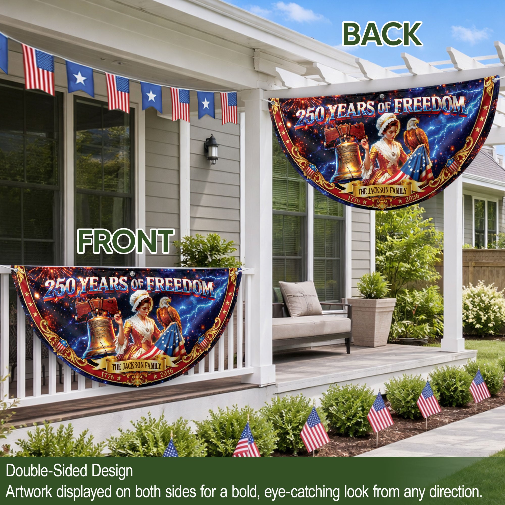 Custom Family Name 250 Years of Freedom Betsy Ross Patriot 1776-2026 Fence Flag Banner