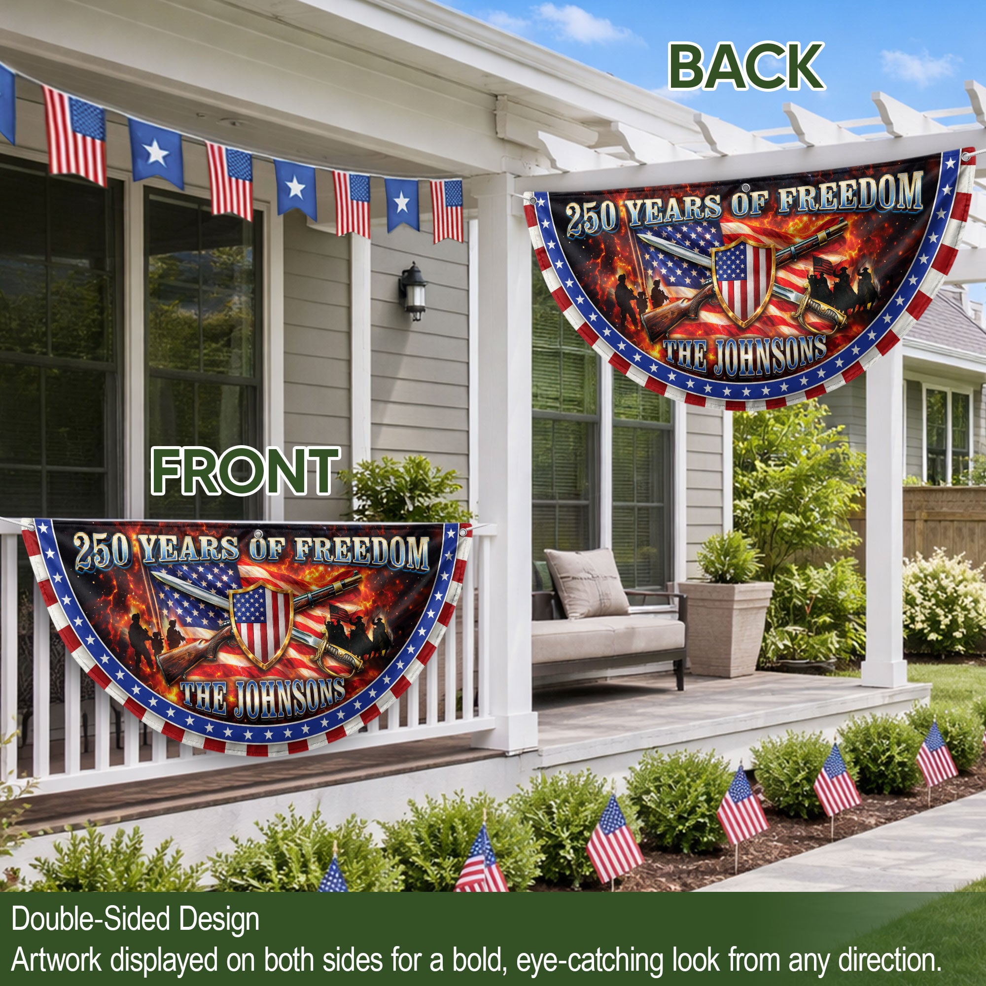 Custom Family Name 250 Years of Freedom Patriot Shield 1776-2026 Bunting Fence Flag