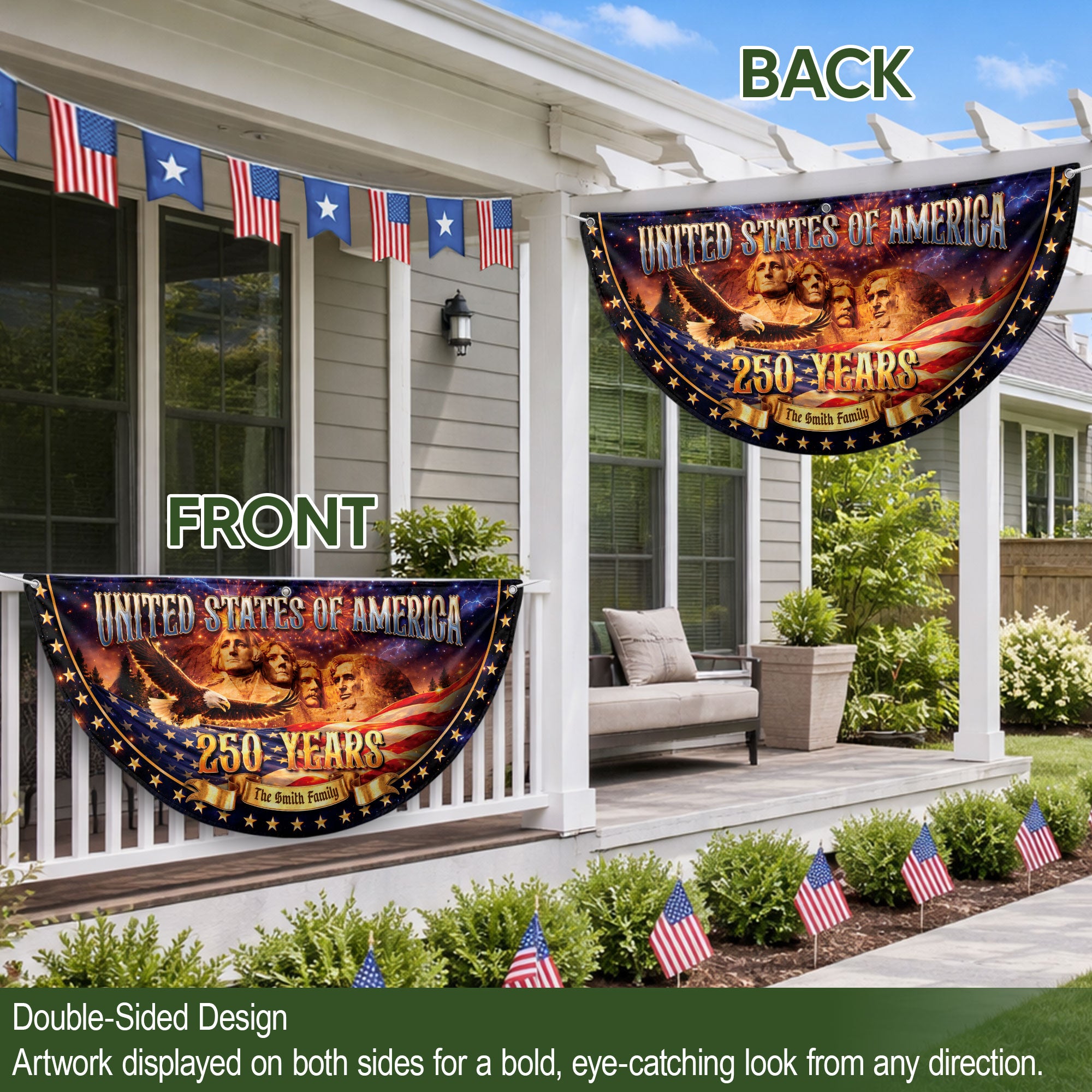 Custom Family Name United States 250 Years Mount Rushmore Patriot Bunting Fence Flag