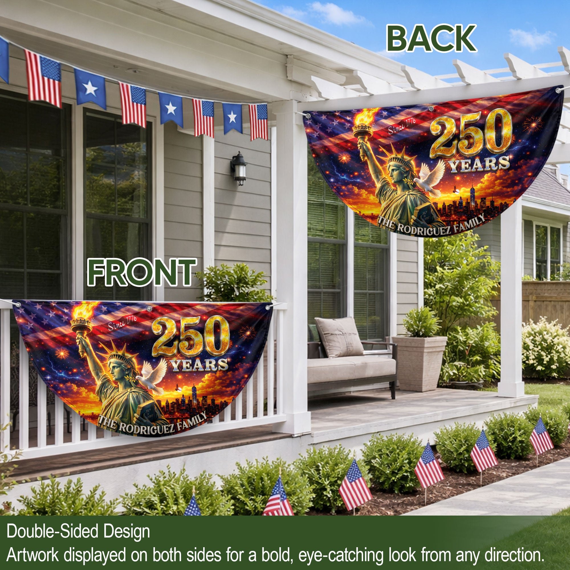 Custom Family Name 250 Years United States Statue of Liberty Patriot Bunting Fence Flag