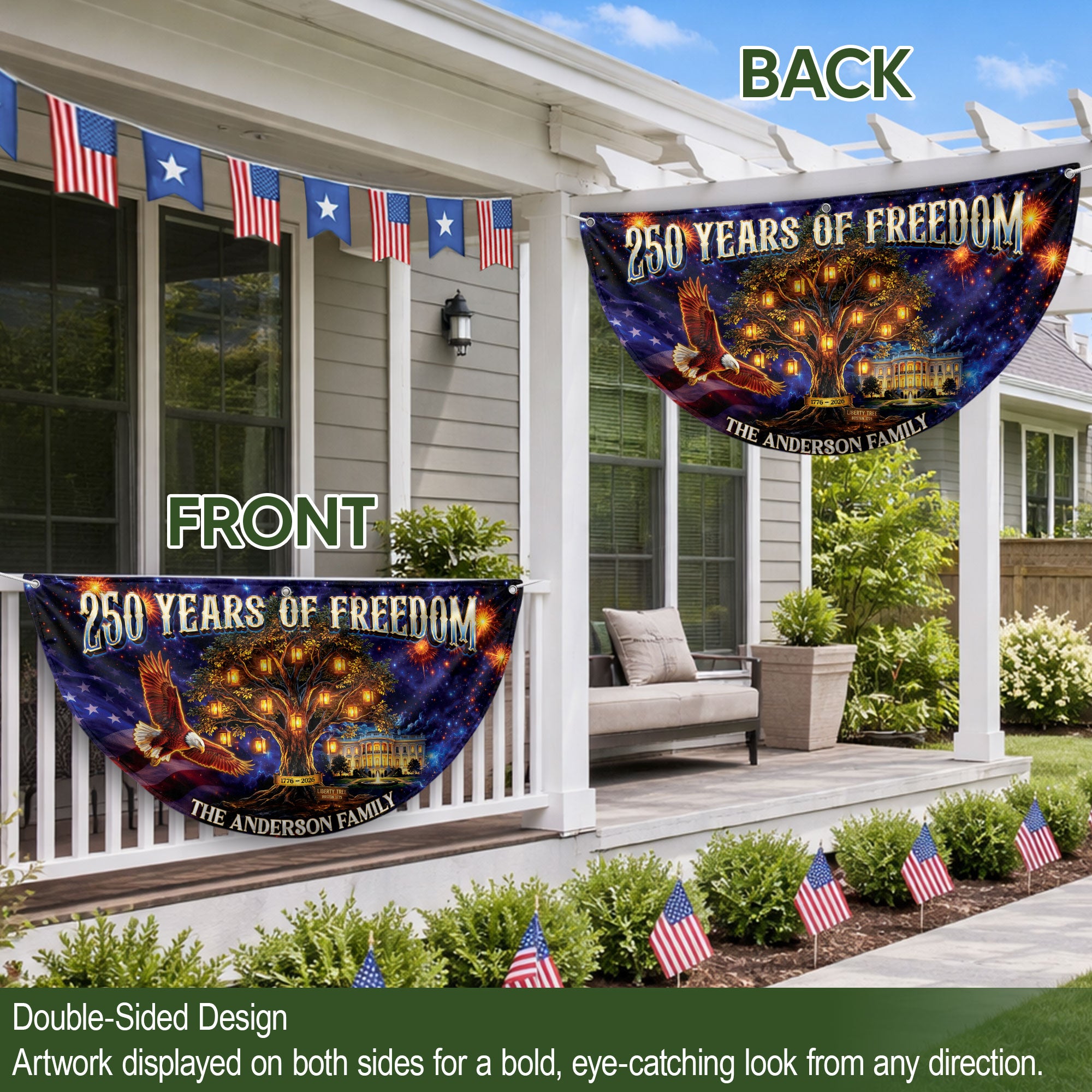 Custom Family Name 250 Years of Freedom Liberty Tree 1776-2026 Patriot Fence Flag Banner