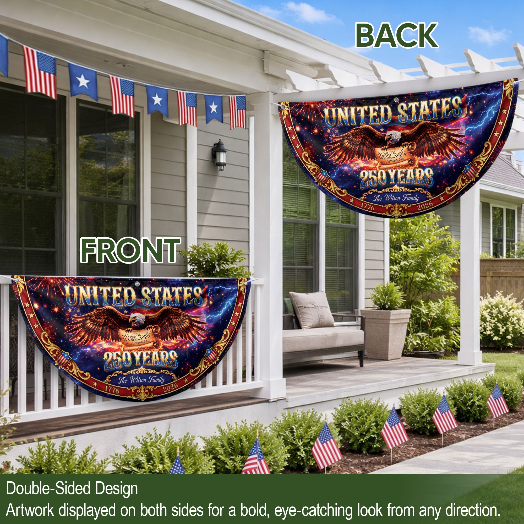 Custom Family Name 250 Years United States Patriot Eagle 1776-2026 Fence Flag Banner