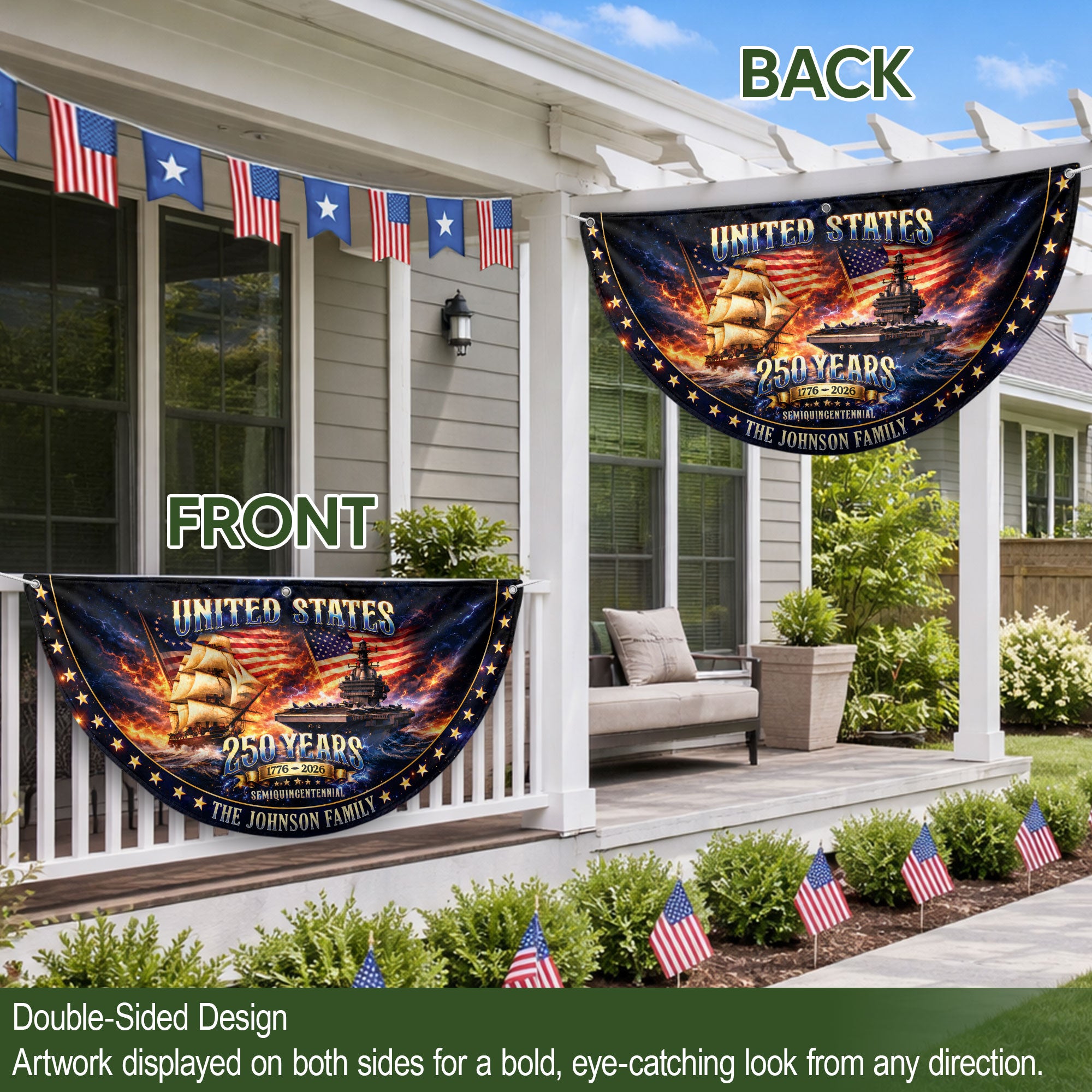 United States 250 Years Custom Family Name Fence Flag - 1776-2026 Patriot Navy Bunting