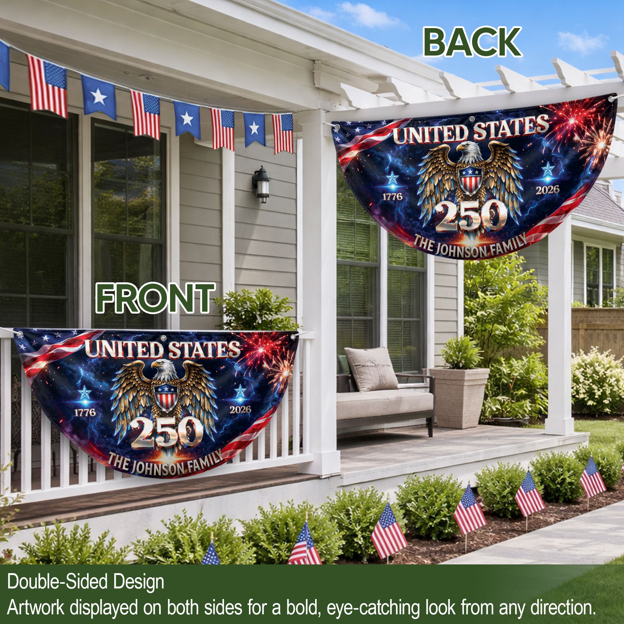 Custom Family Name United States 250 Years Patriot Eagle 1776-2026 Bunting Fence Flag