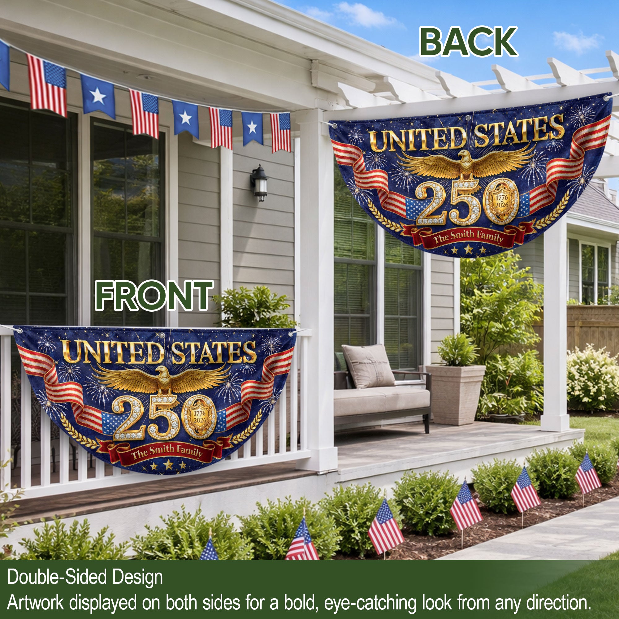 Custom Family Name 250th Anniversary USA Fence Flag Patriotic Golden Eagle Liberty Bell 1776-2026