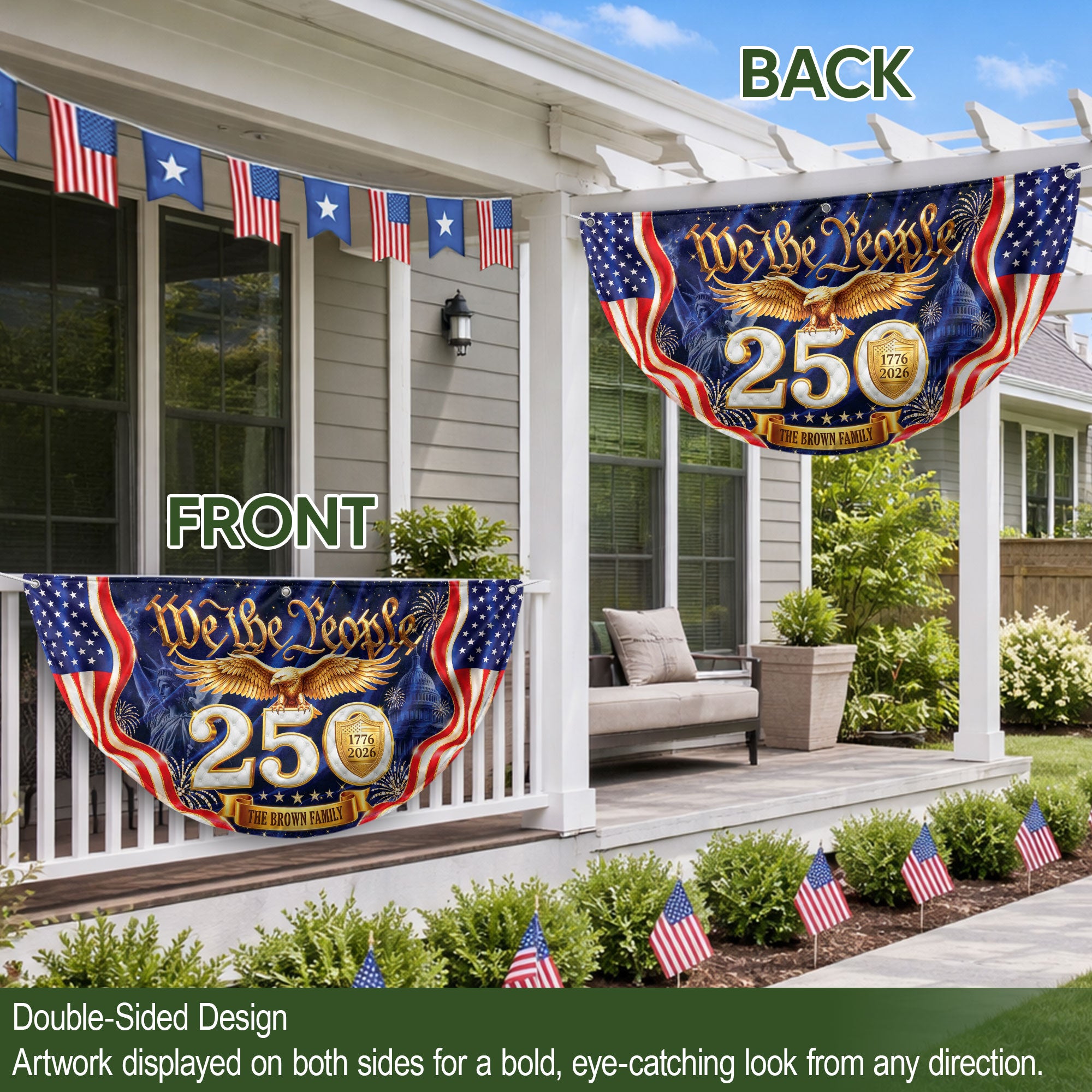 250th Anniversary USA Fence Flag We The People Eagle 1776-2026 Custom Family Name Banner
