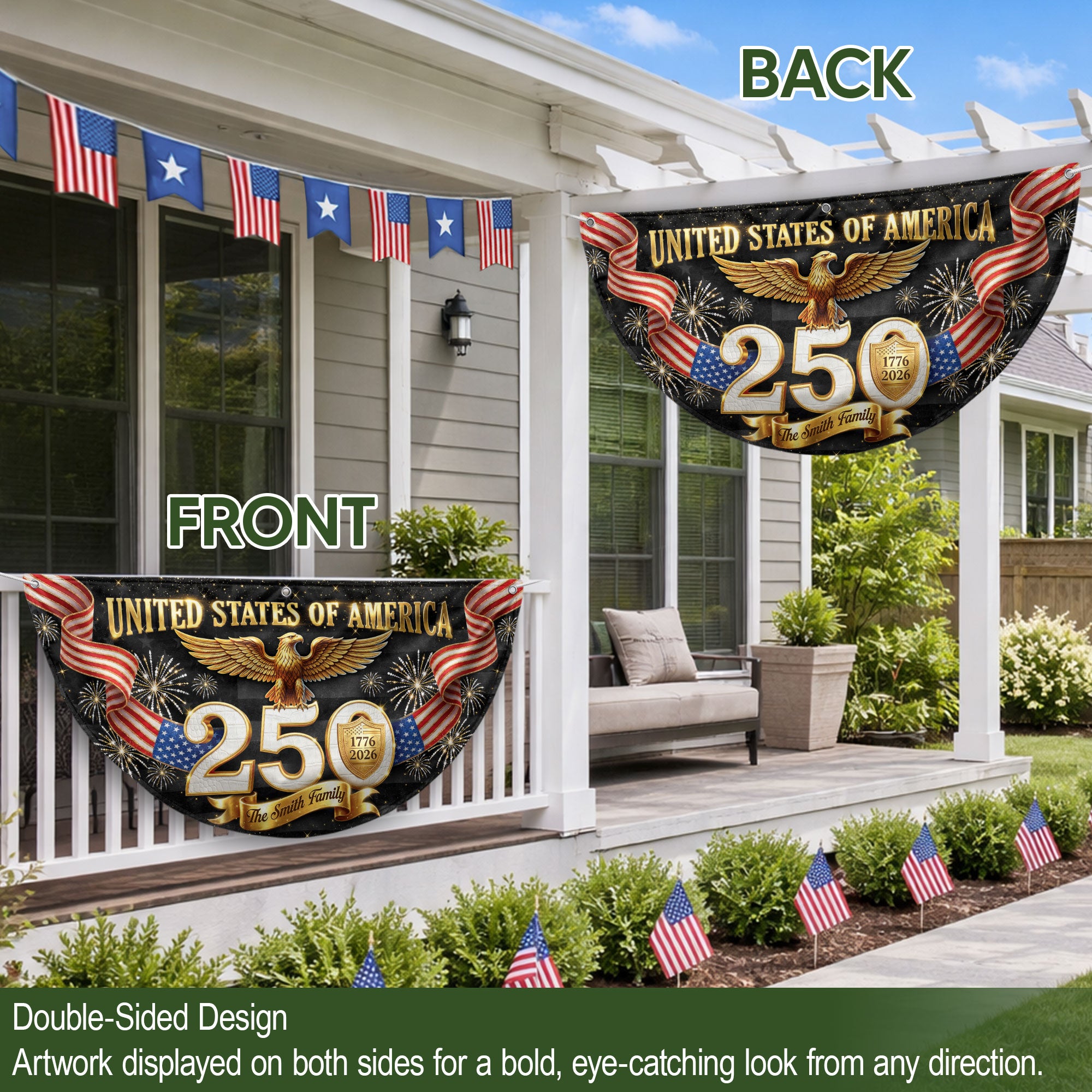 Personalized Family Name 1776-2026 United States Patriot Eagle Gold 250th Fence Flag