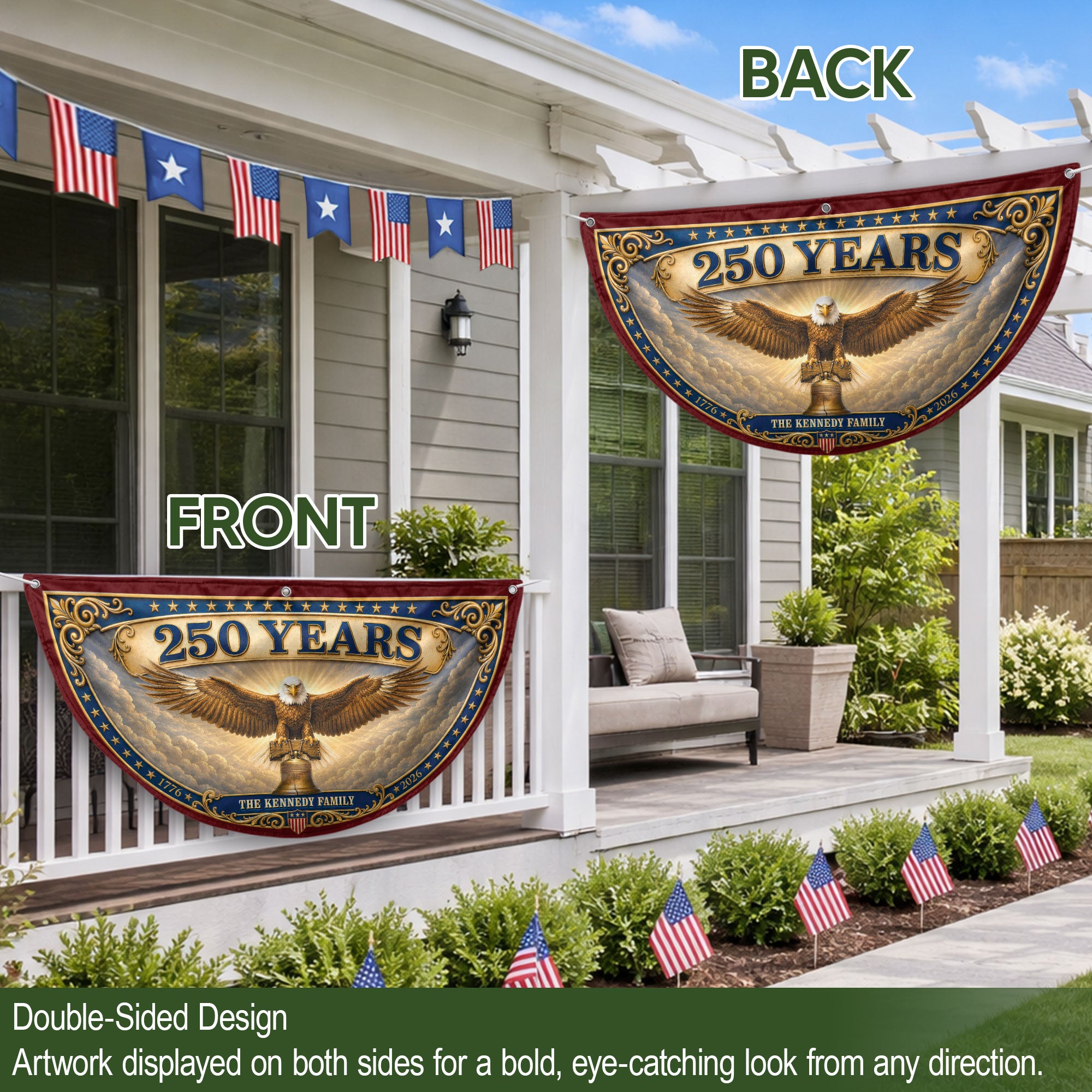 Custom Family Name 250 Years United States Patriot Eagle Liberty Bell Fence Flag