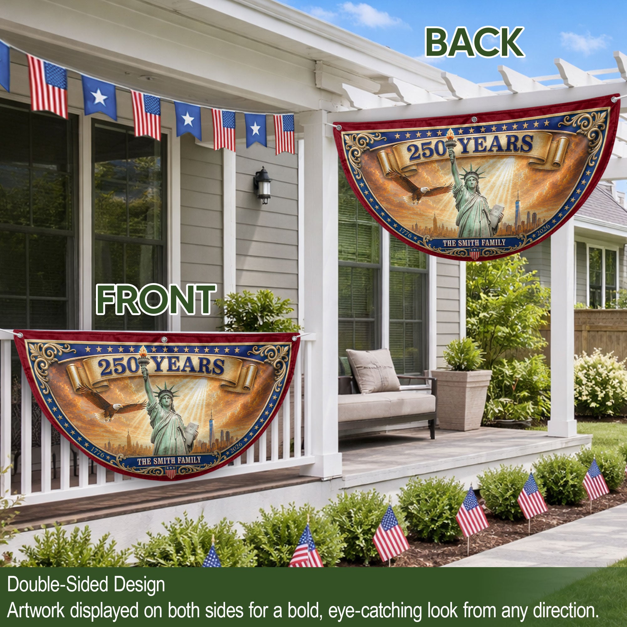 Custom Family Name 250 Years United States Patriot Statue of Liberty Bunting Fence Flag
