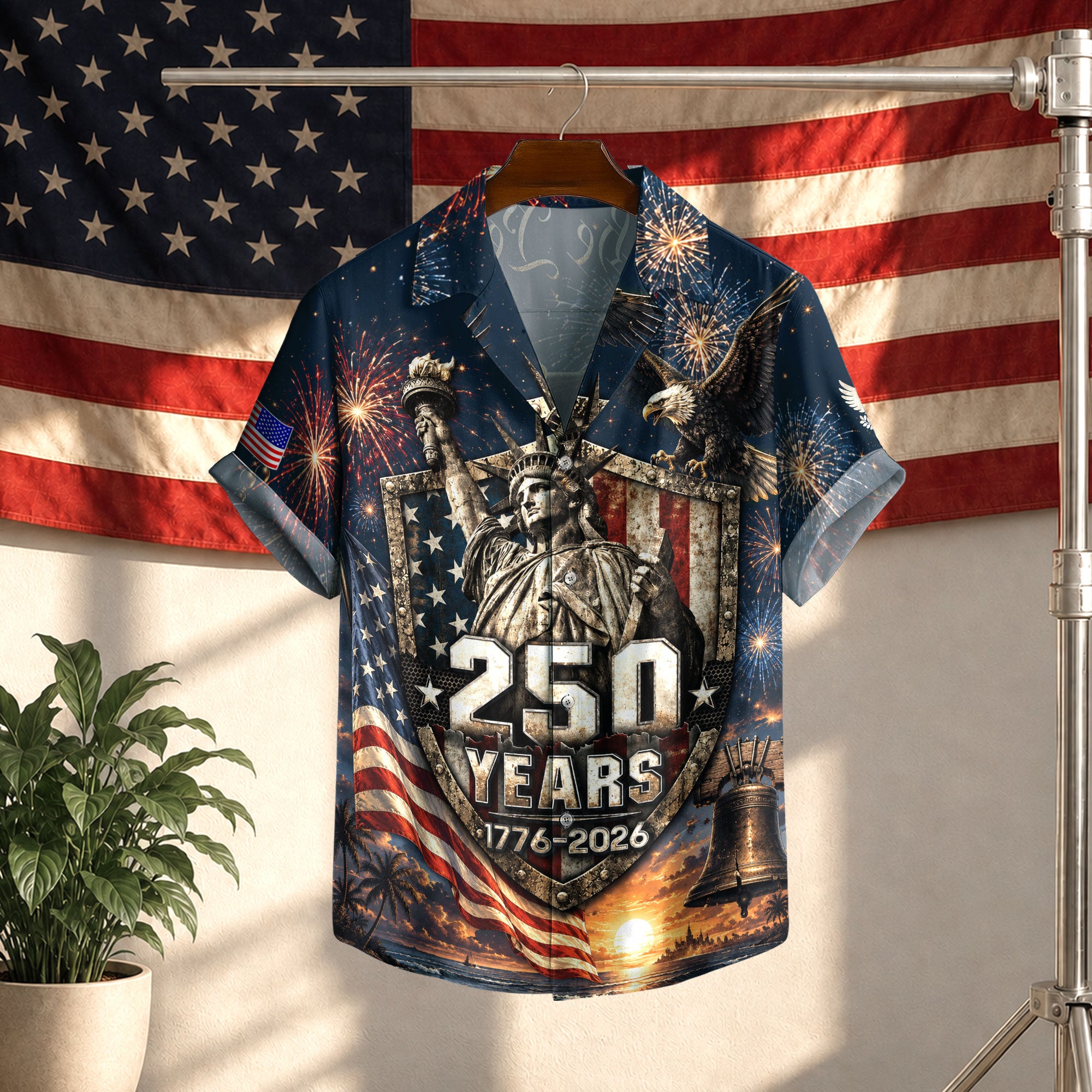 USA 250th Celebration Hawaiian Shirt – Freedom Shield Patriotic Design