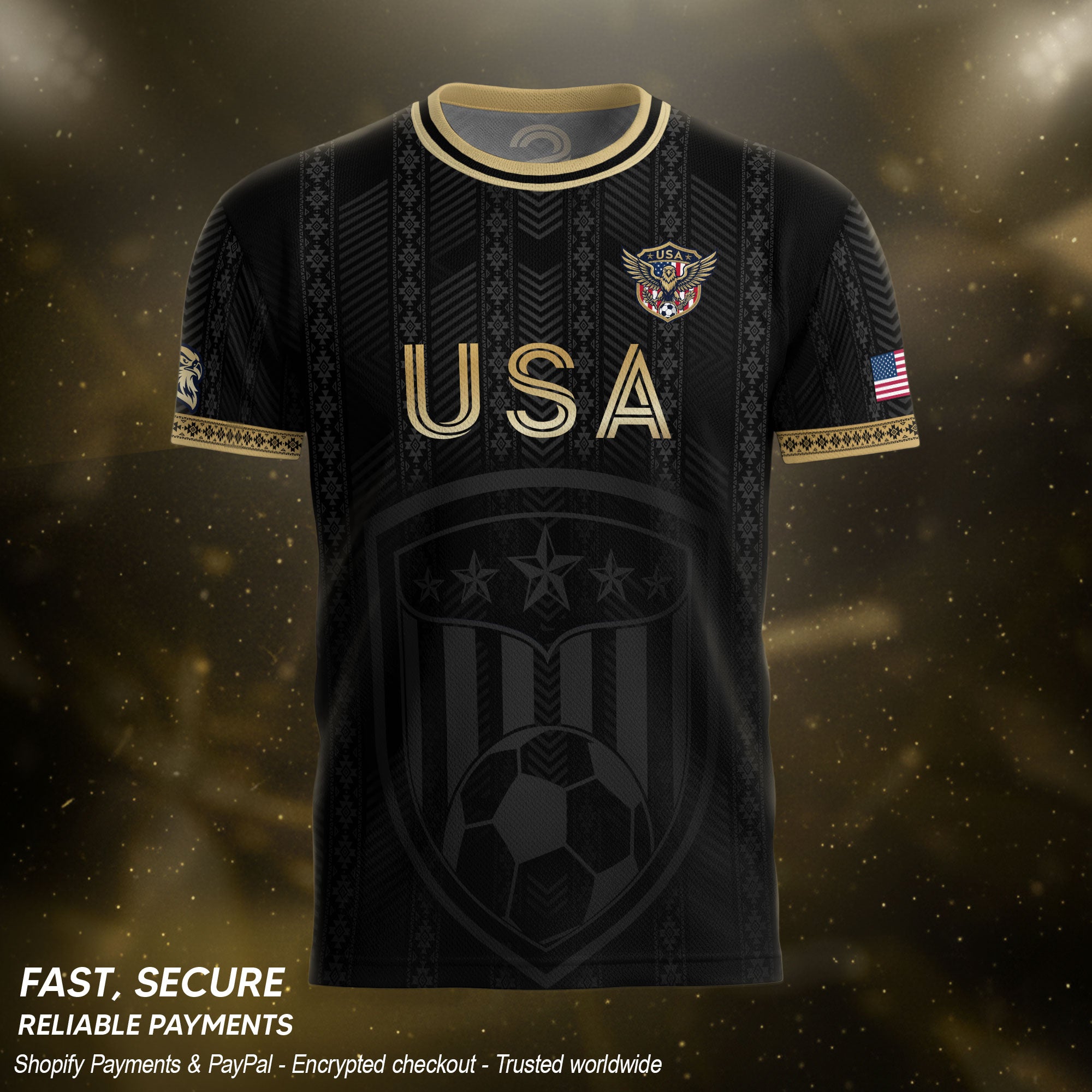 USA Soccer Jersey Patriotic American Eagle Black Gold Shield Football Shirt Men Women Gear upsale