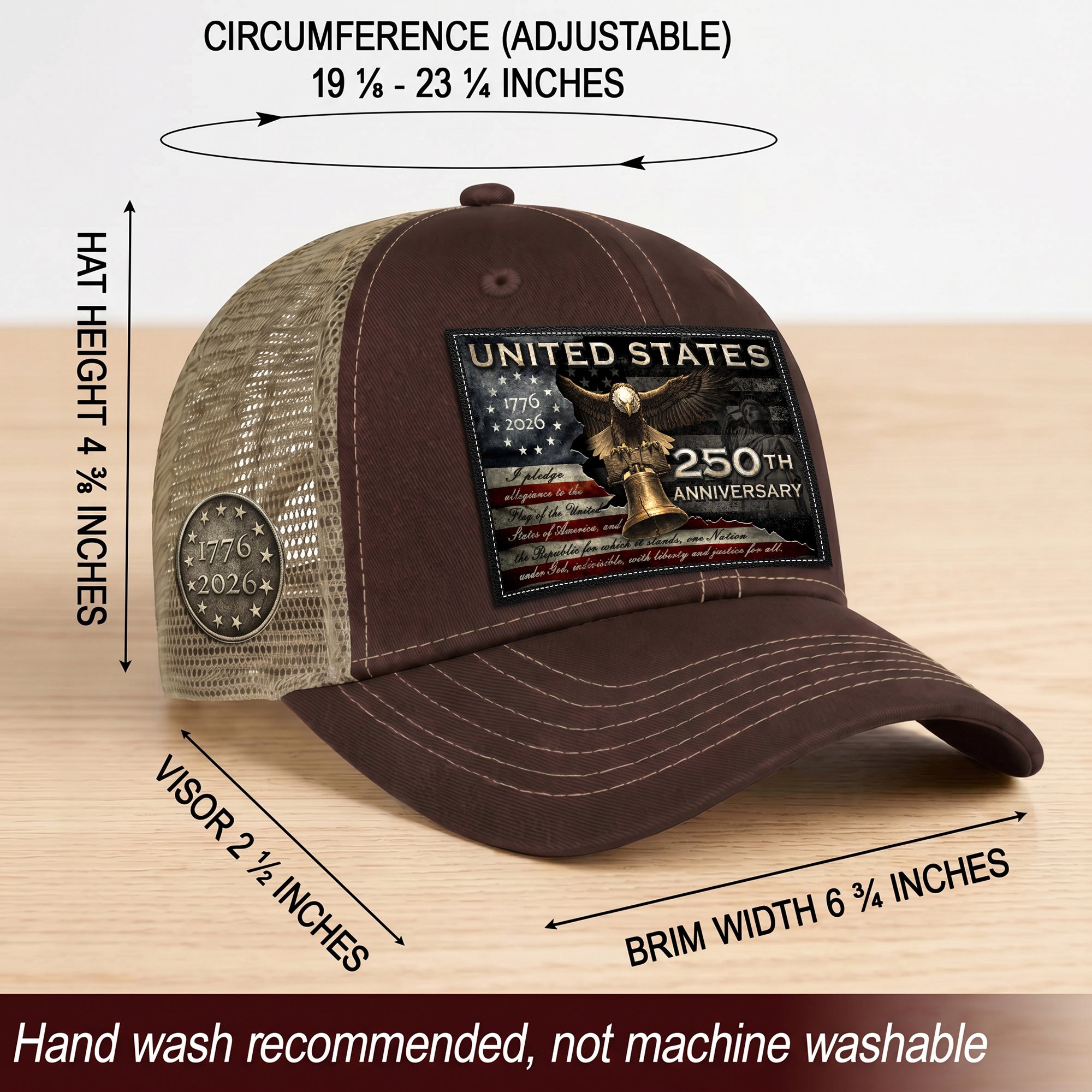 US 250th Anniversary Hat Pledge of Allegiance Liberty Bell Brown Trucker Cap upsale