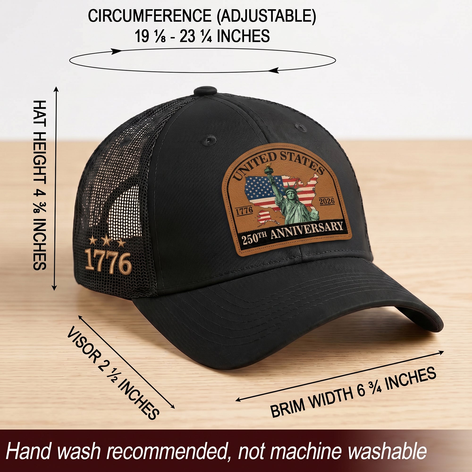 US 250th Anniversary Leather Patch Hat Statue of Liberty Black Trucker Cap