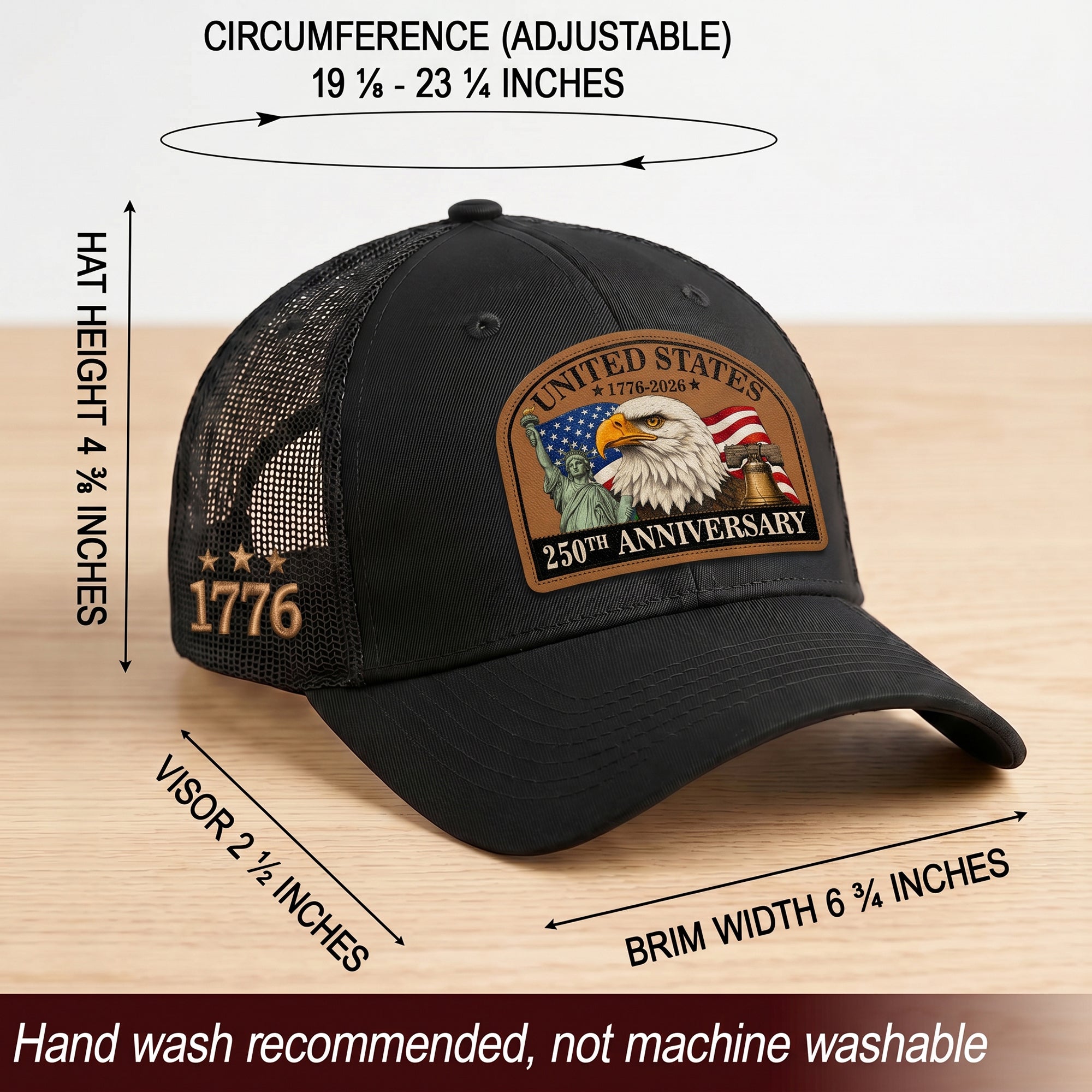 US 250th Anniversary Leather Patch Hat Patriotic Eagle Liberty Black Trucker Cap