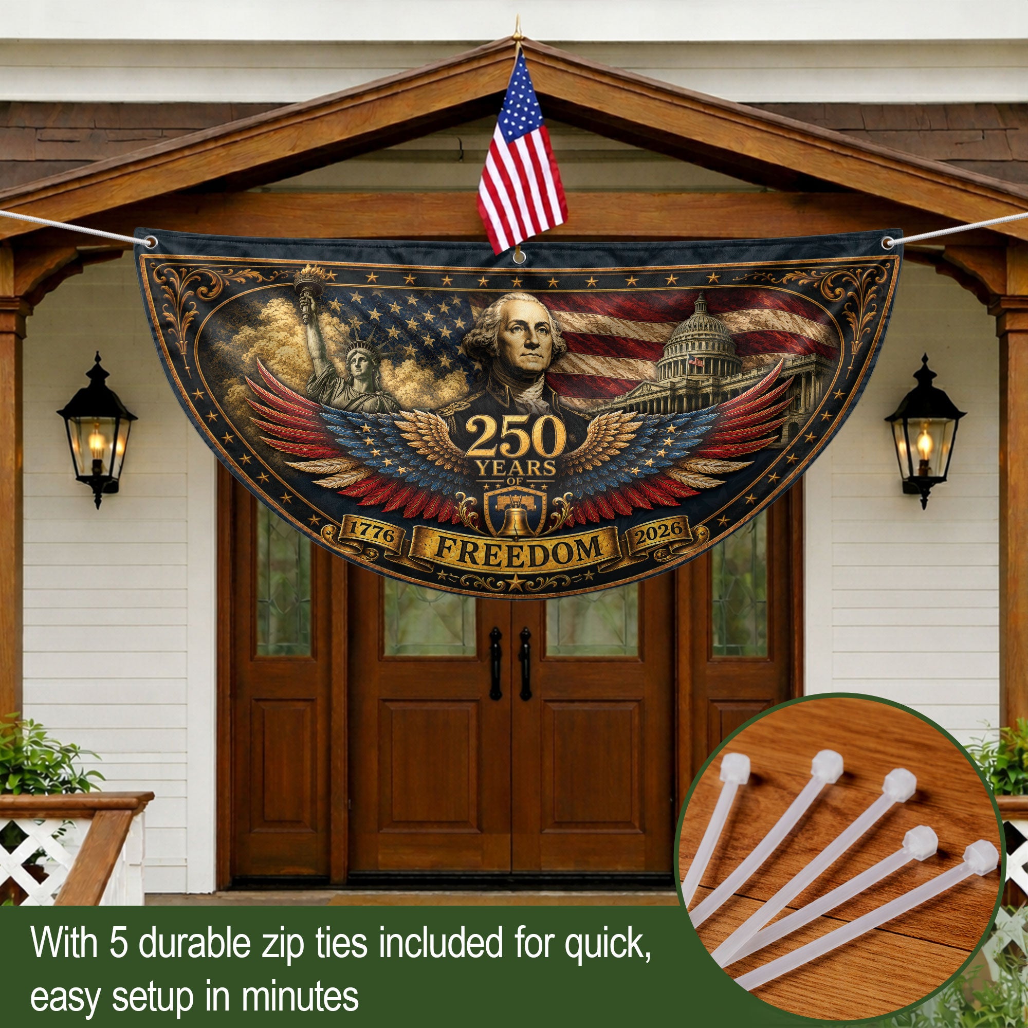 1776-2026 George Washington Fence Flag 250 Years of Freedom Patriotic Pleated Bunting