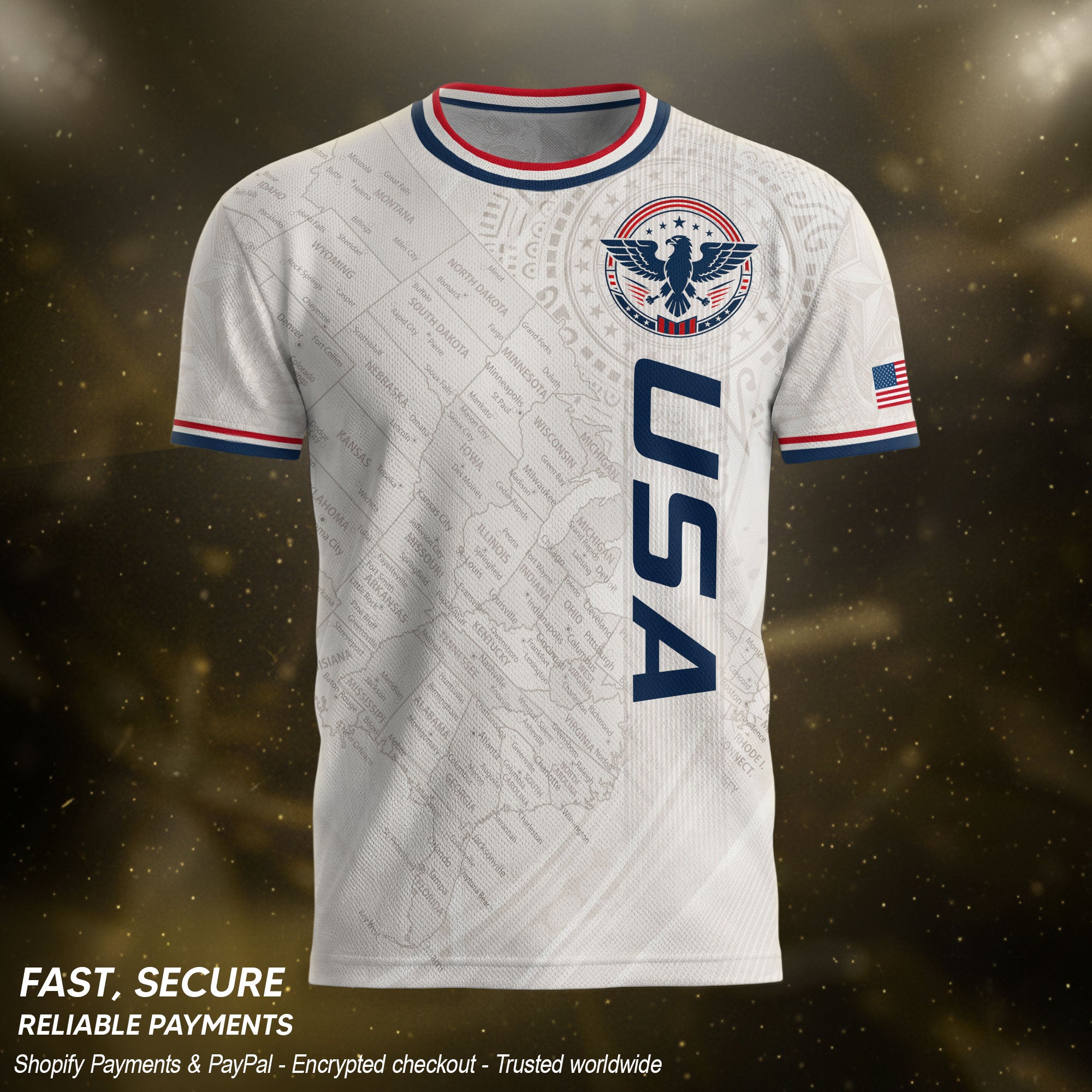 USA Soccer Jersey White US Map American Flag Shirt Patriotic Eagle Soccer Fan Tee
