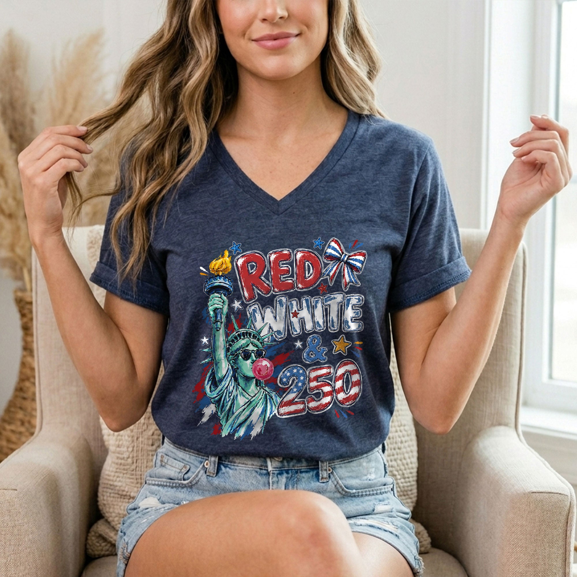 Red White & 250 Patriotic V-Neck T-Shirt for Women Vintage USA Graphic Tee