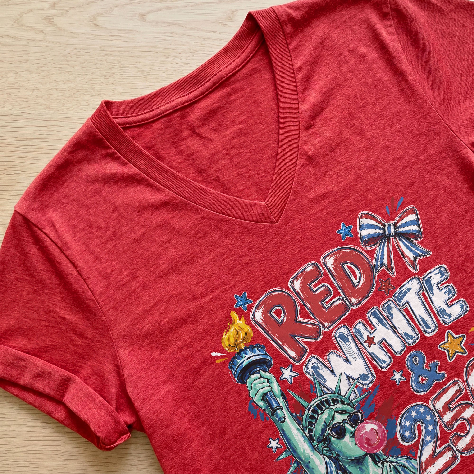 Red White & 250 Patriotic V-Neck T-Shirt for Women Vintage USA Graphic Tee