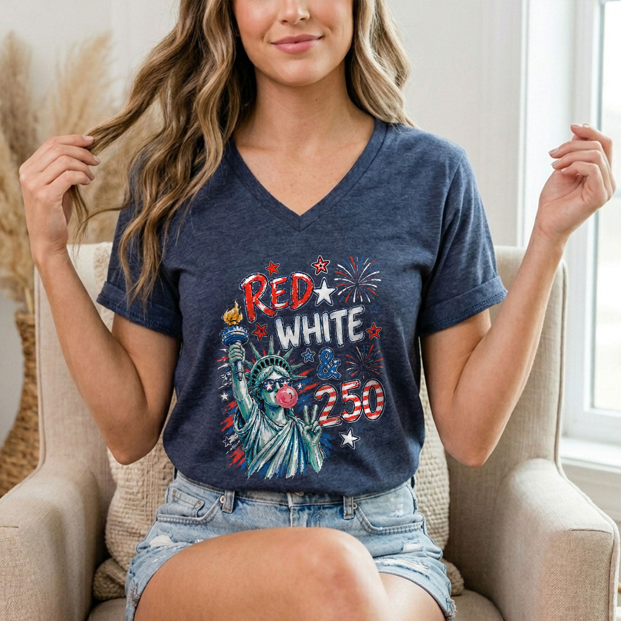 Red White & 250 Funny Lady Liberty Bubblegum V-Neck T-Shirt – America 250 Independence Day Tee