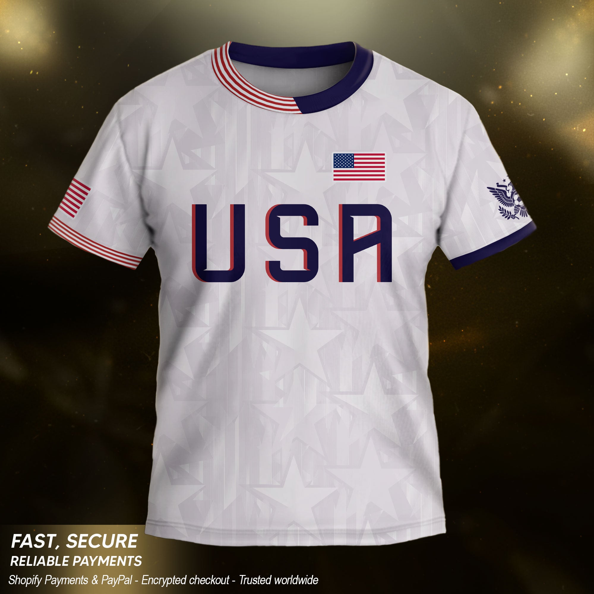 USA Kids Soccer Jersey Youth White Patriotic Stars Eagle Graphic Football Shirt