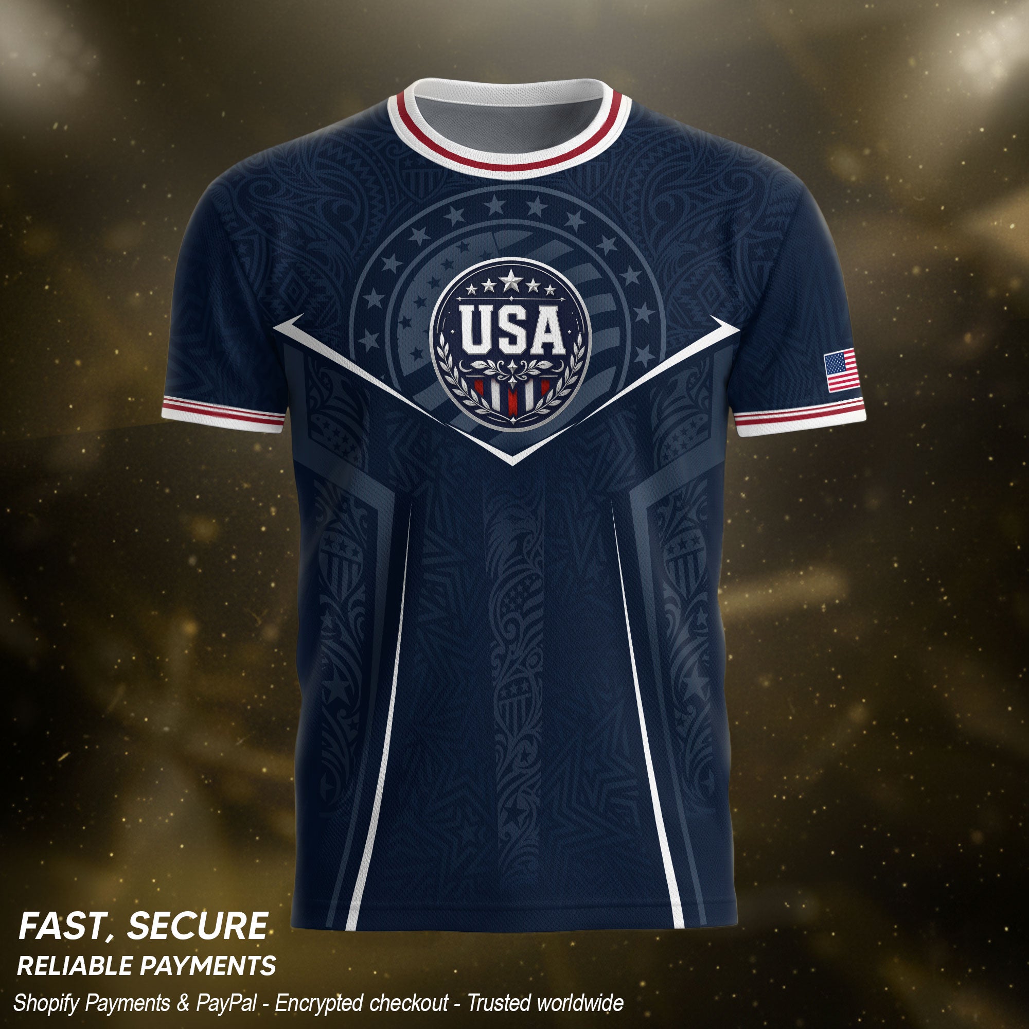USA Soccer Jersey Navy Blue American Flag Shirt Patriotic Eagle Shield Fan Tee
