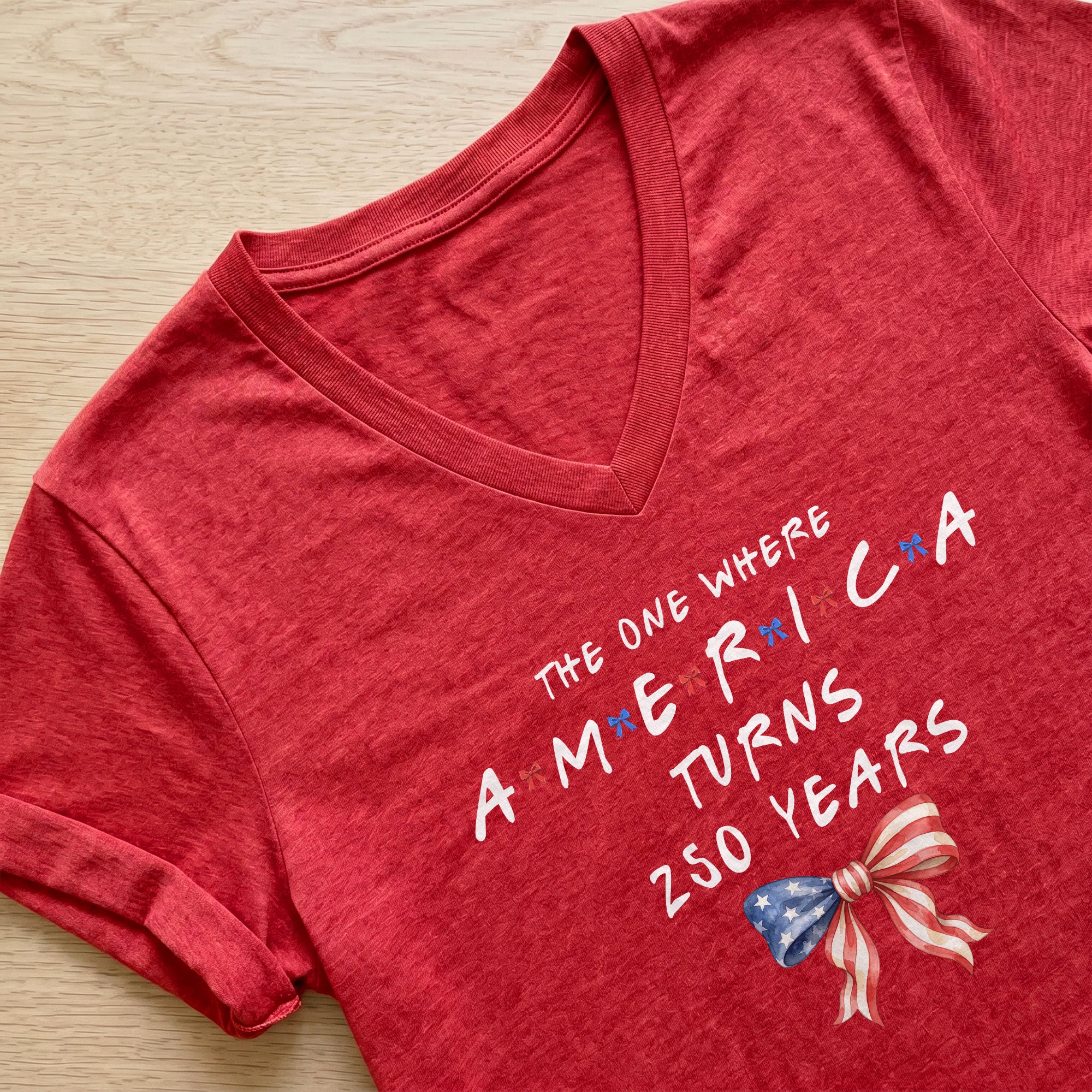 Women V Neck T Shirt America Turns 250 Years Patriotic Coquette Flag Bow Graphic Tee