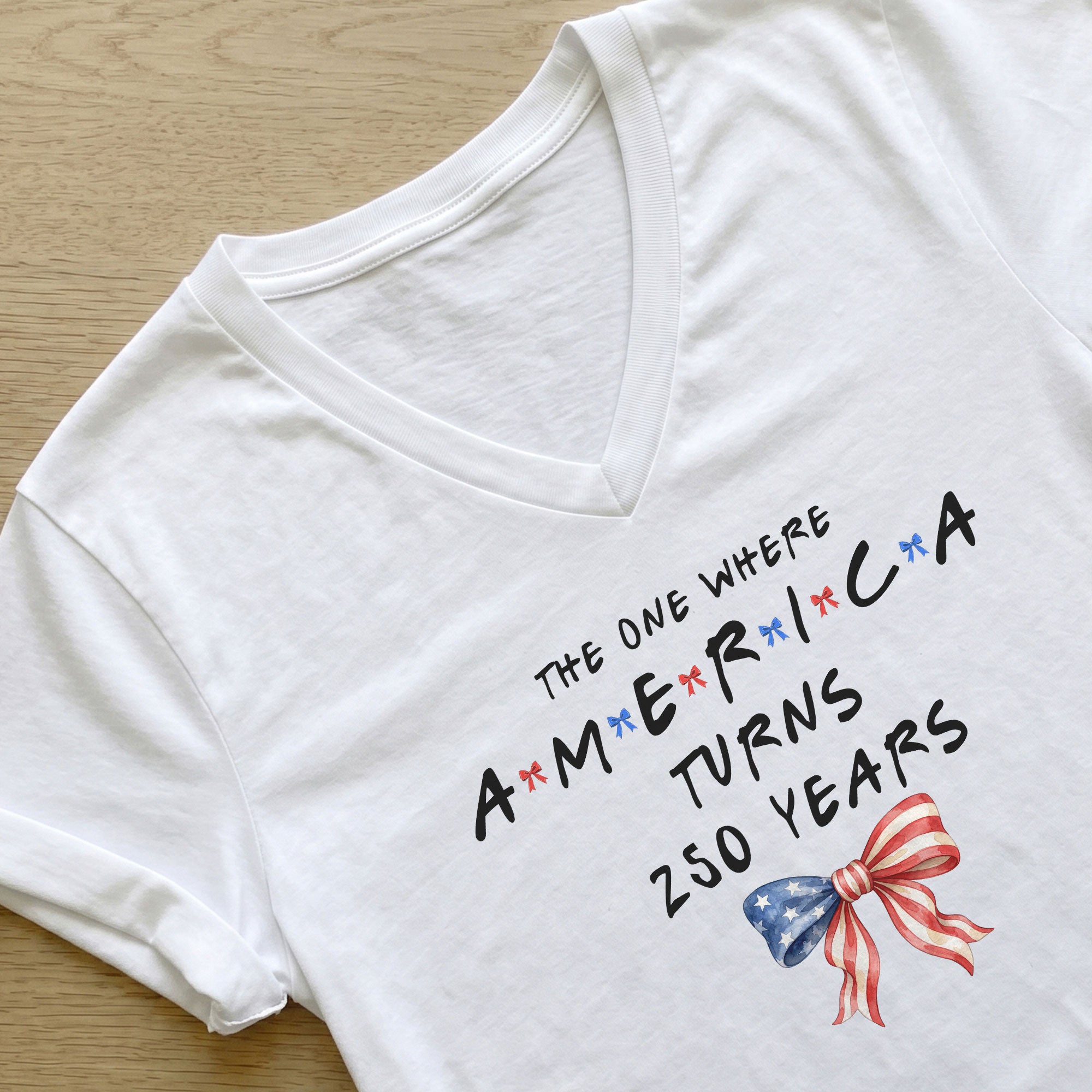America 250 Years Women V Neck T Shirt White Casual Patriotic Holiday Coquette Bow Top