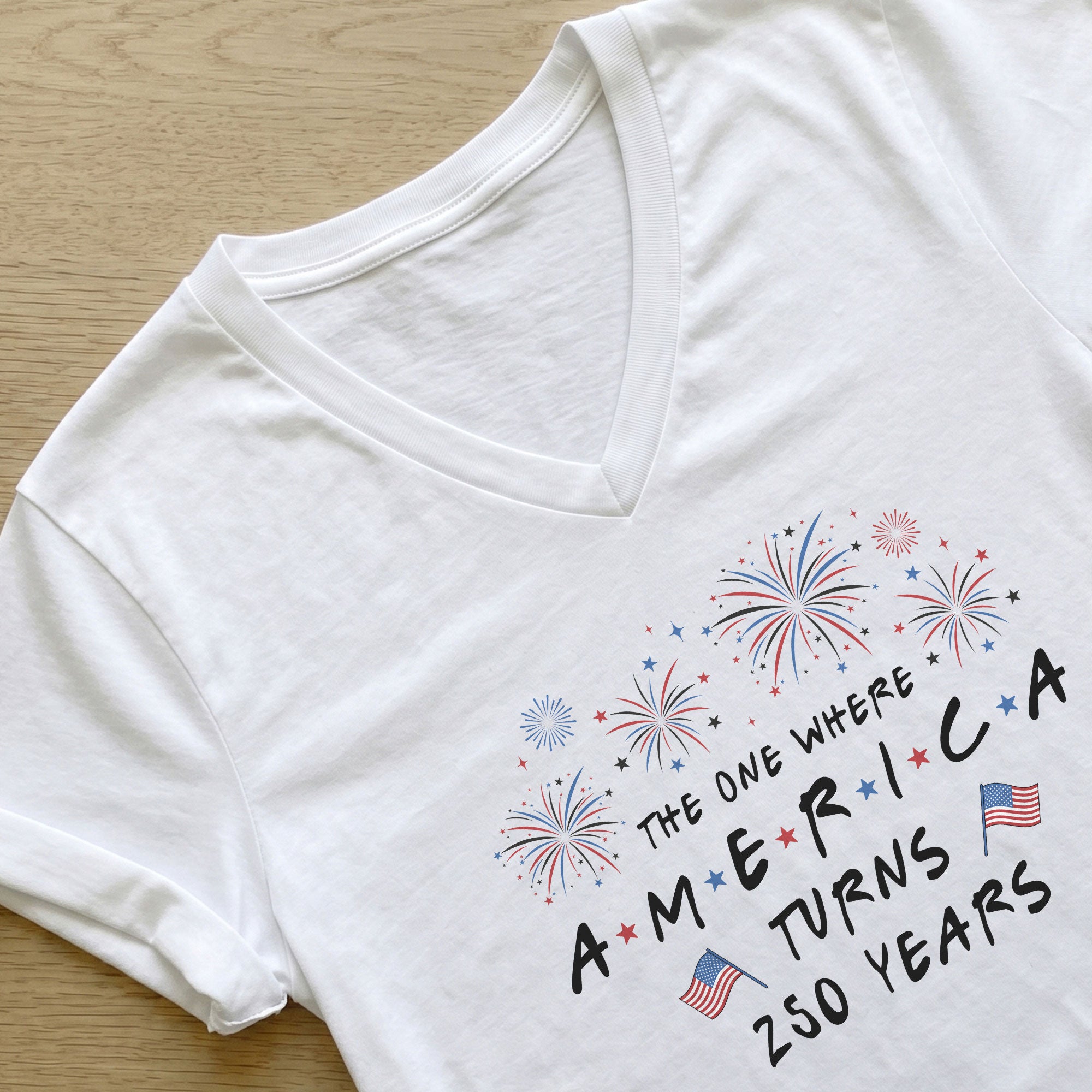 Women V Neck T Shirt America Turns 250 Years Patriotic Fireworks White Graphic Tee