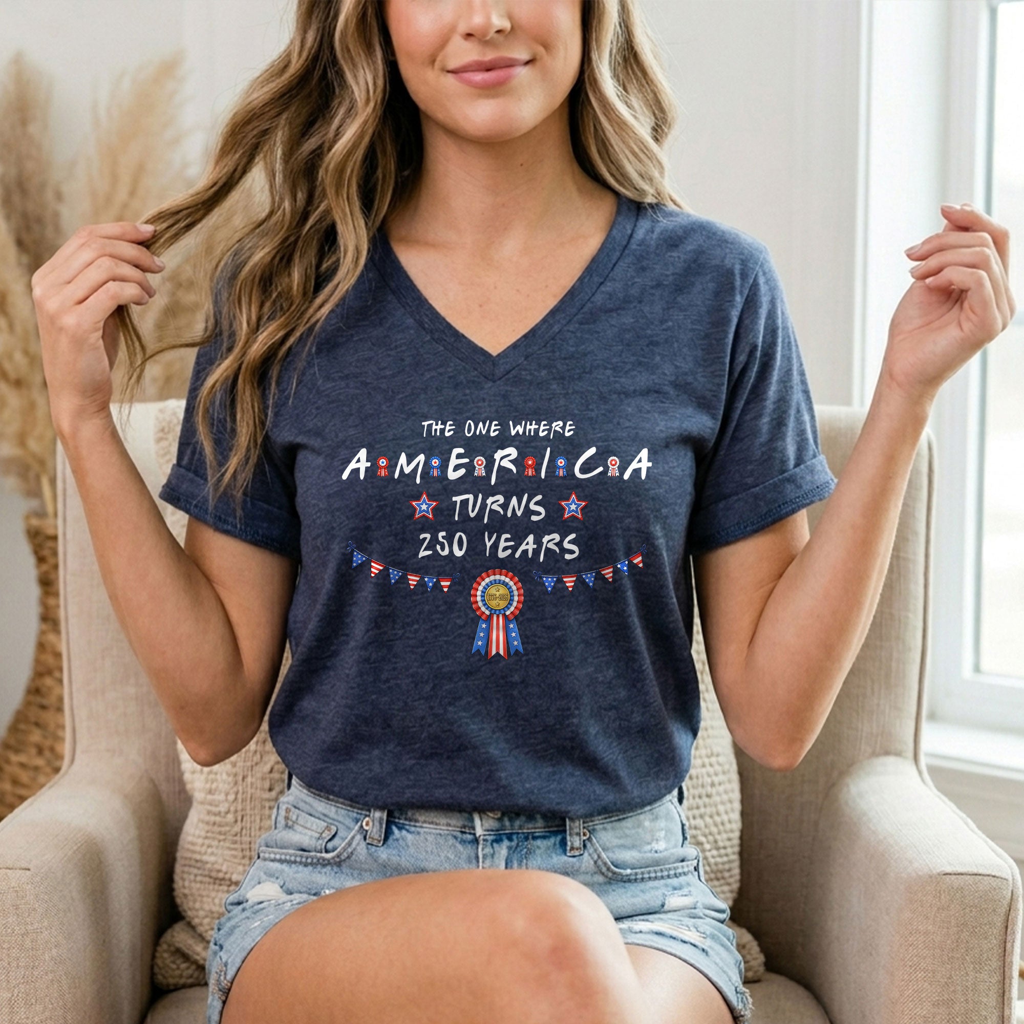Patriotic Ribbon Bunting America Turns 250 Years Women V Neck T Shirt Heather Navy Tee