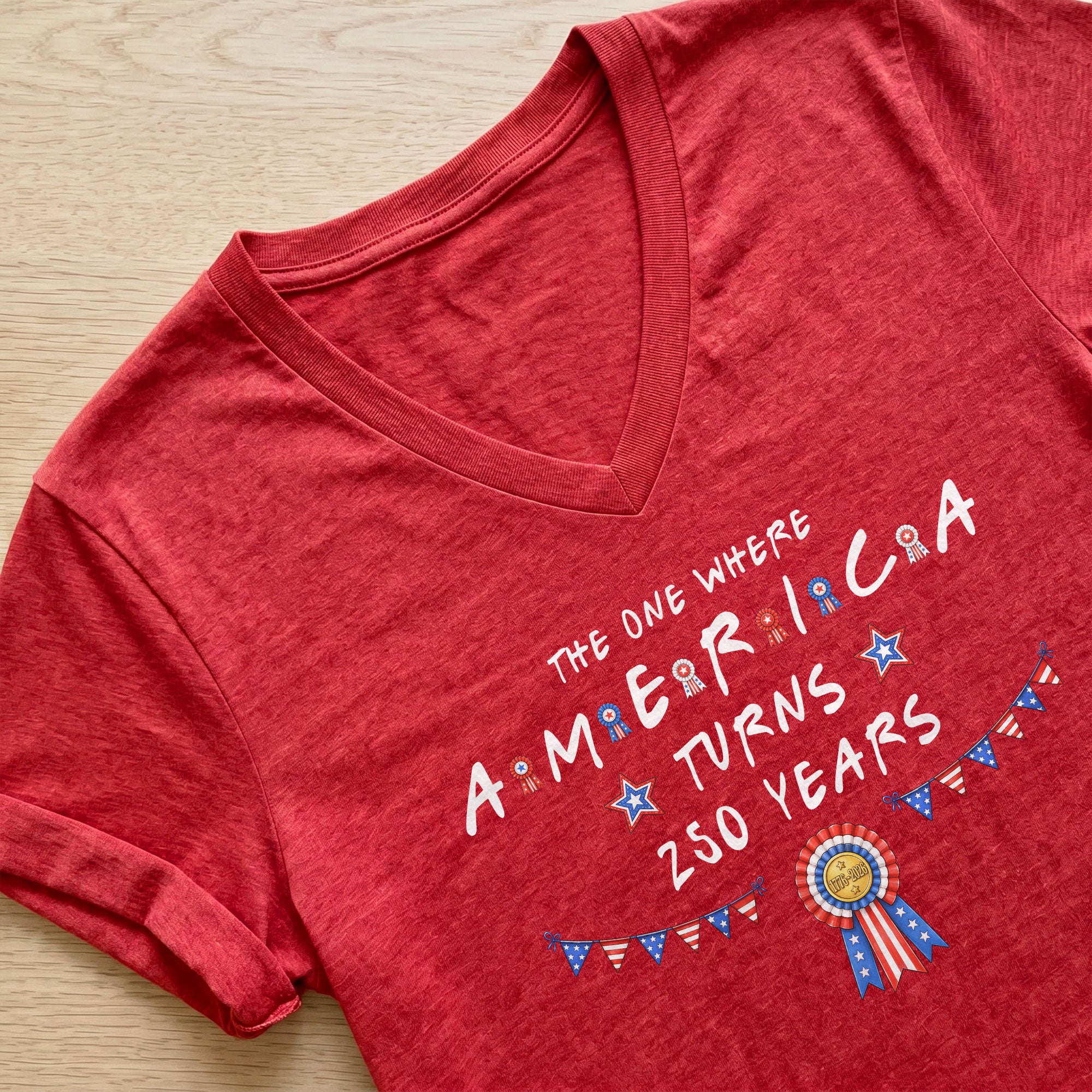 Patriotic Ribbon Bunting America Turns 250 Years Women V Neck T Shirt Heather Navy Tee