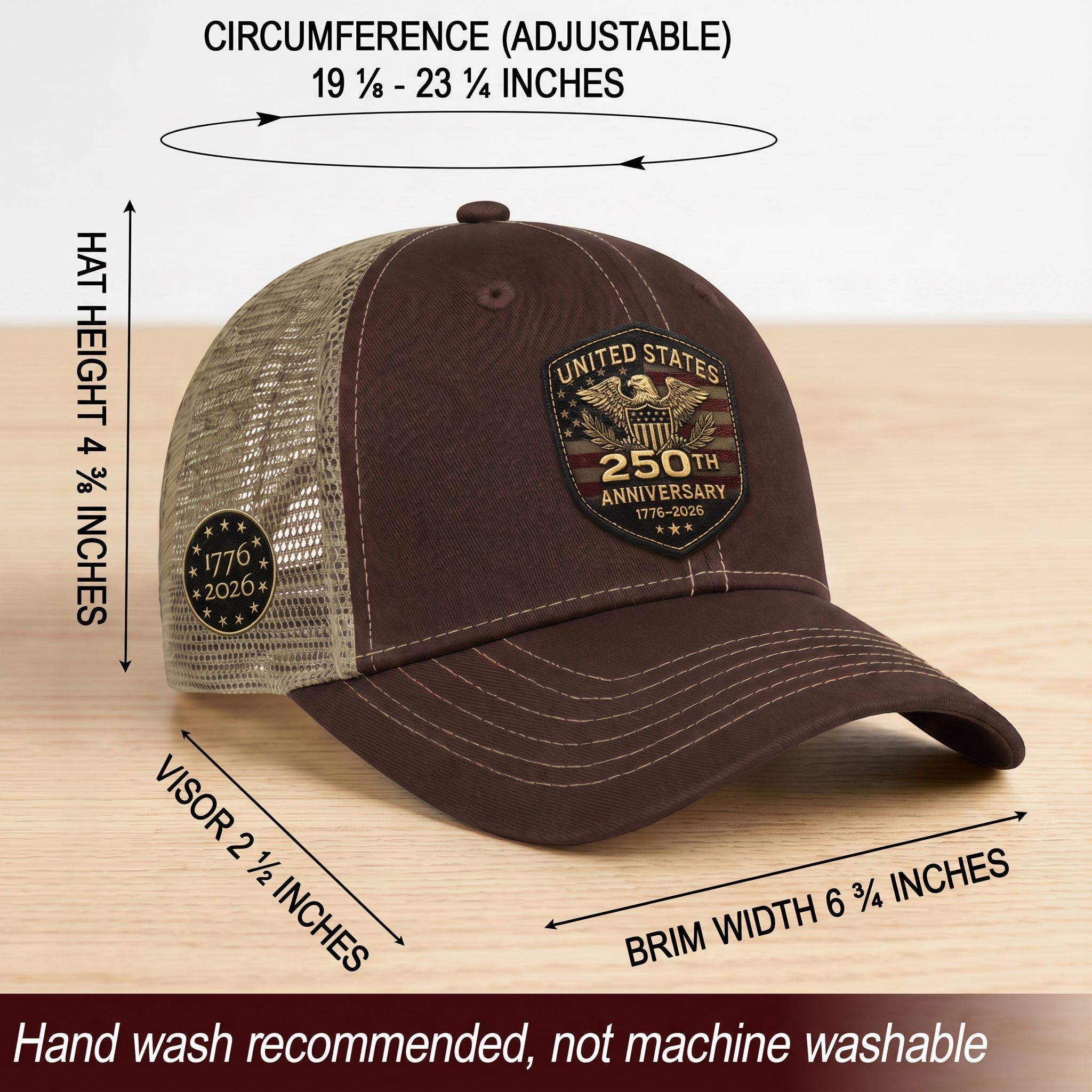 US 250th Anniversary Leather Patch Hat - Patriotic 1776-2026 American Flag Trucker Cap