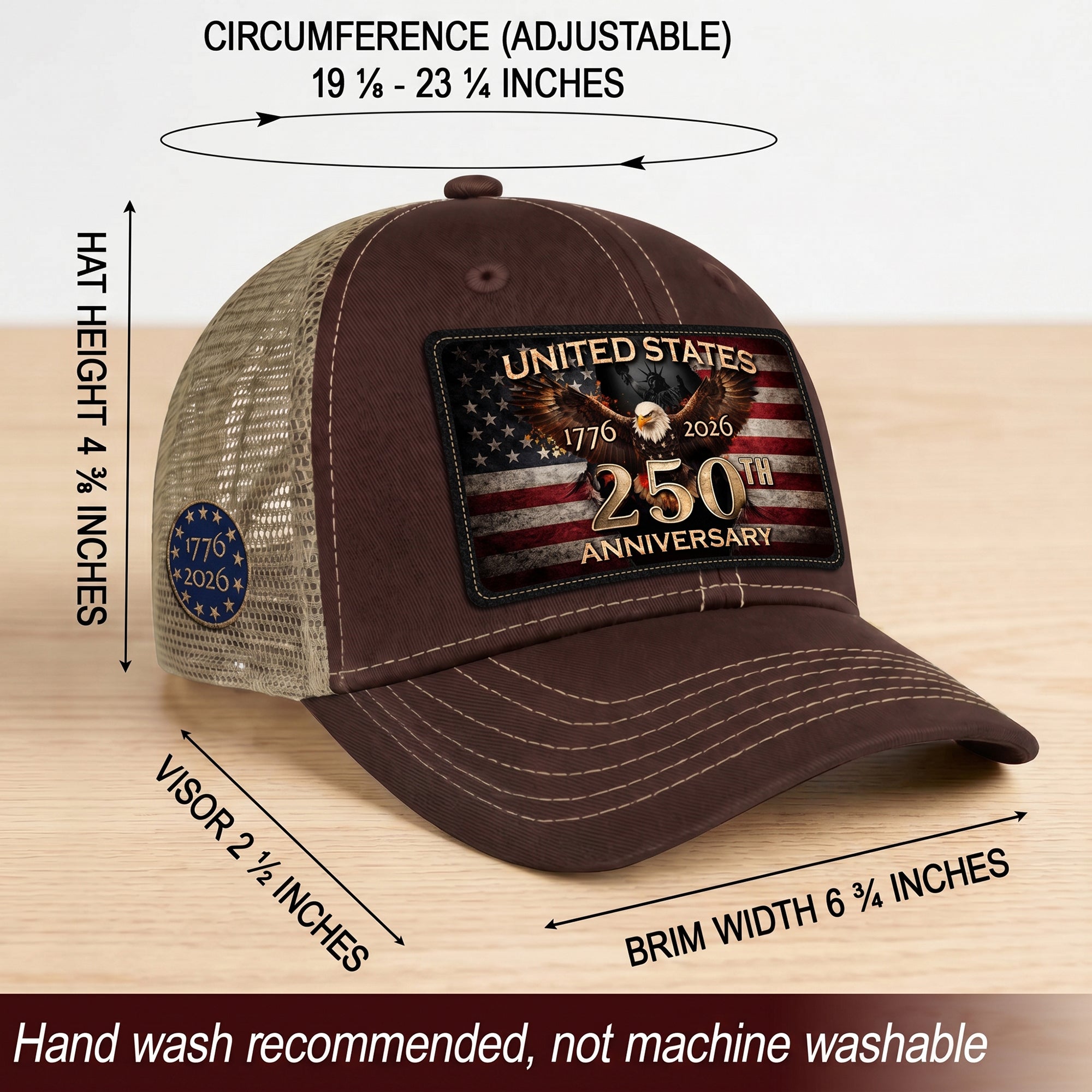 1776-2026 USA Commemorative Leather Patch Trucker Hat Majestic Eagle Mesh Back Cap