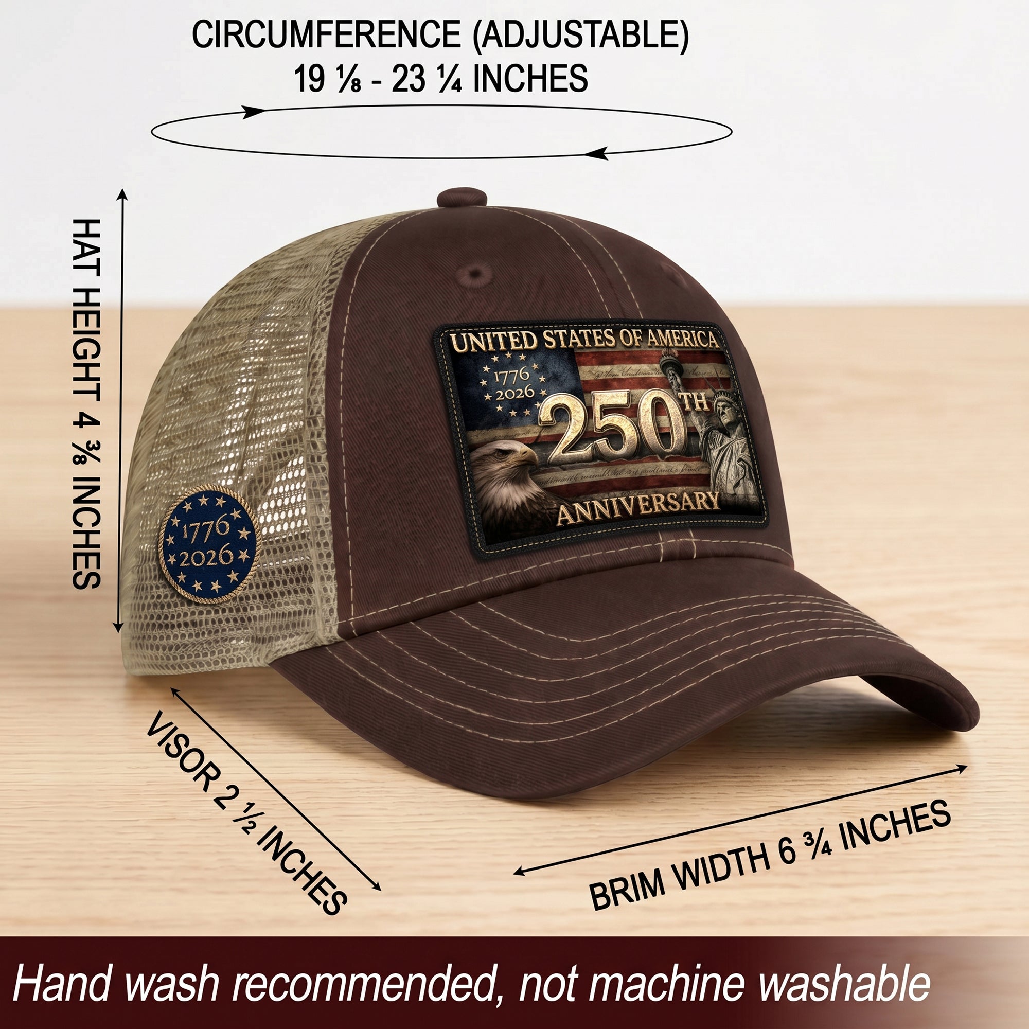 USA 250th Anniversary Leather Patch Trucker Hat Eagle & Statue of Liberty Mesh Cap