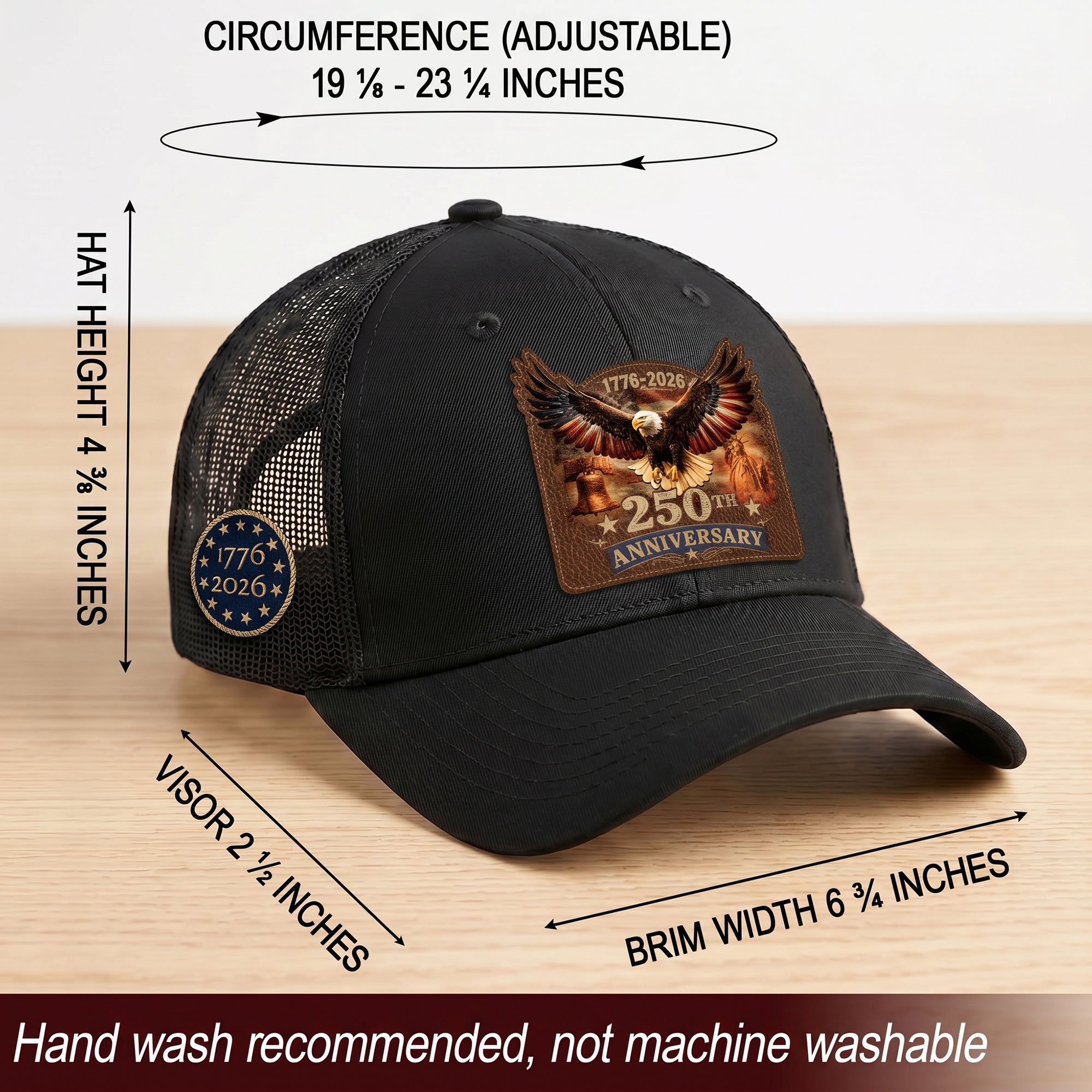 1776-2026 USA Heritage Leather Patch Trucker Cap Patriotic Eagle & Liberty Bell Hat