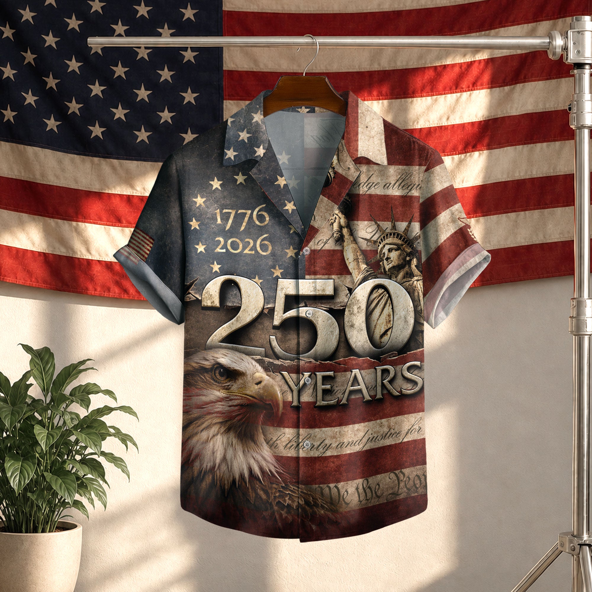 Hawaiian Shirt 250th Anniversary Vintage US Tattered Flag Patriotic Eagle