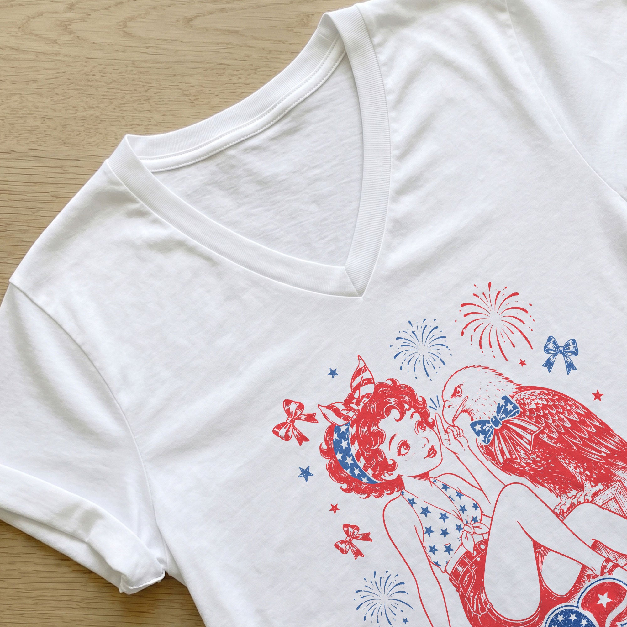 Boop Eagle V-Neck Shirt Women Patriotic Retro Pin Up Graphic American Style Tee