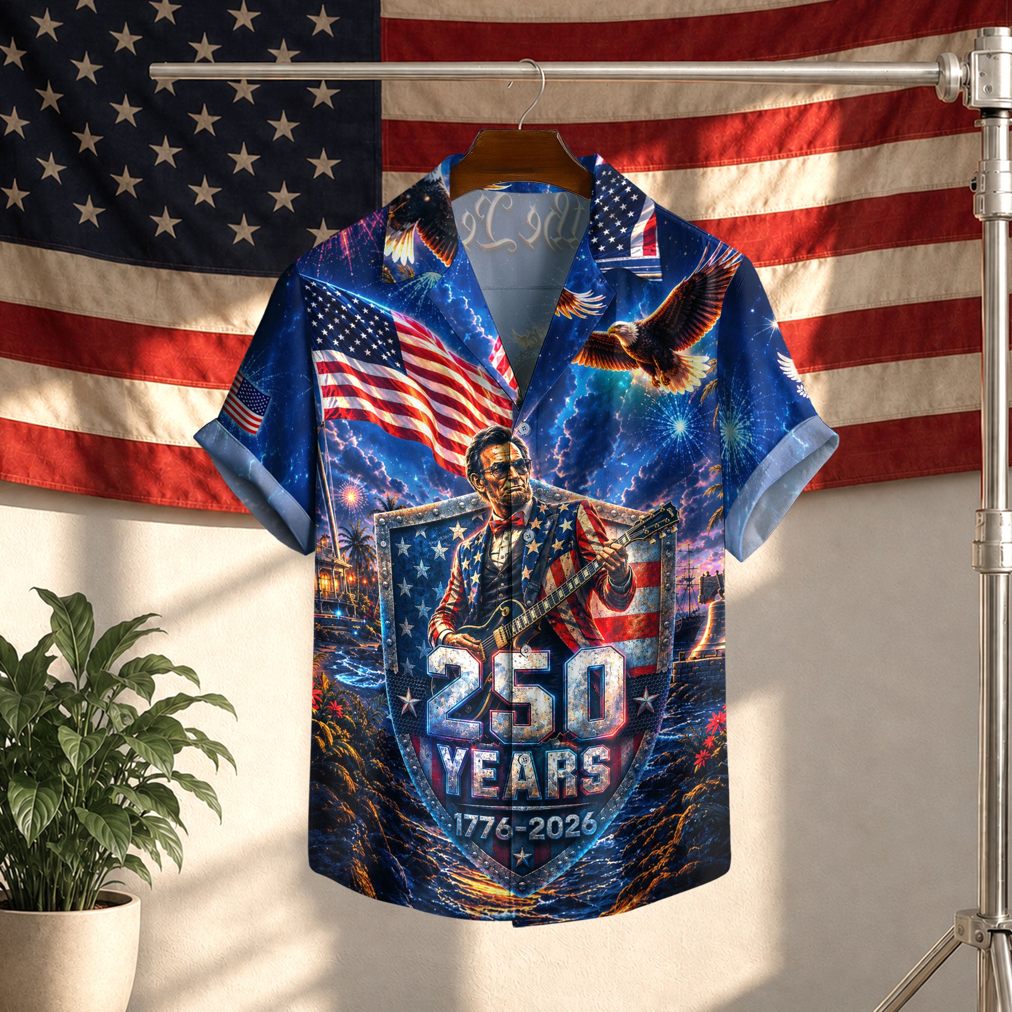 Hawaiian Shirt Patriotic 250th Anniversary Abraham Lincoln Eagle Fireworks